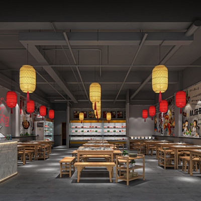  新中式火锅店su模型 