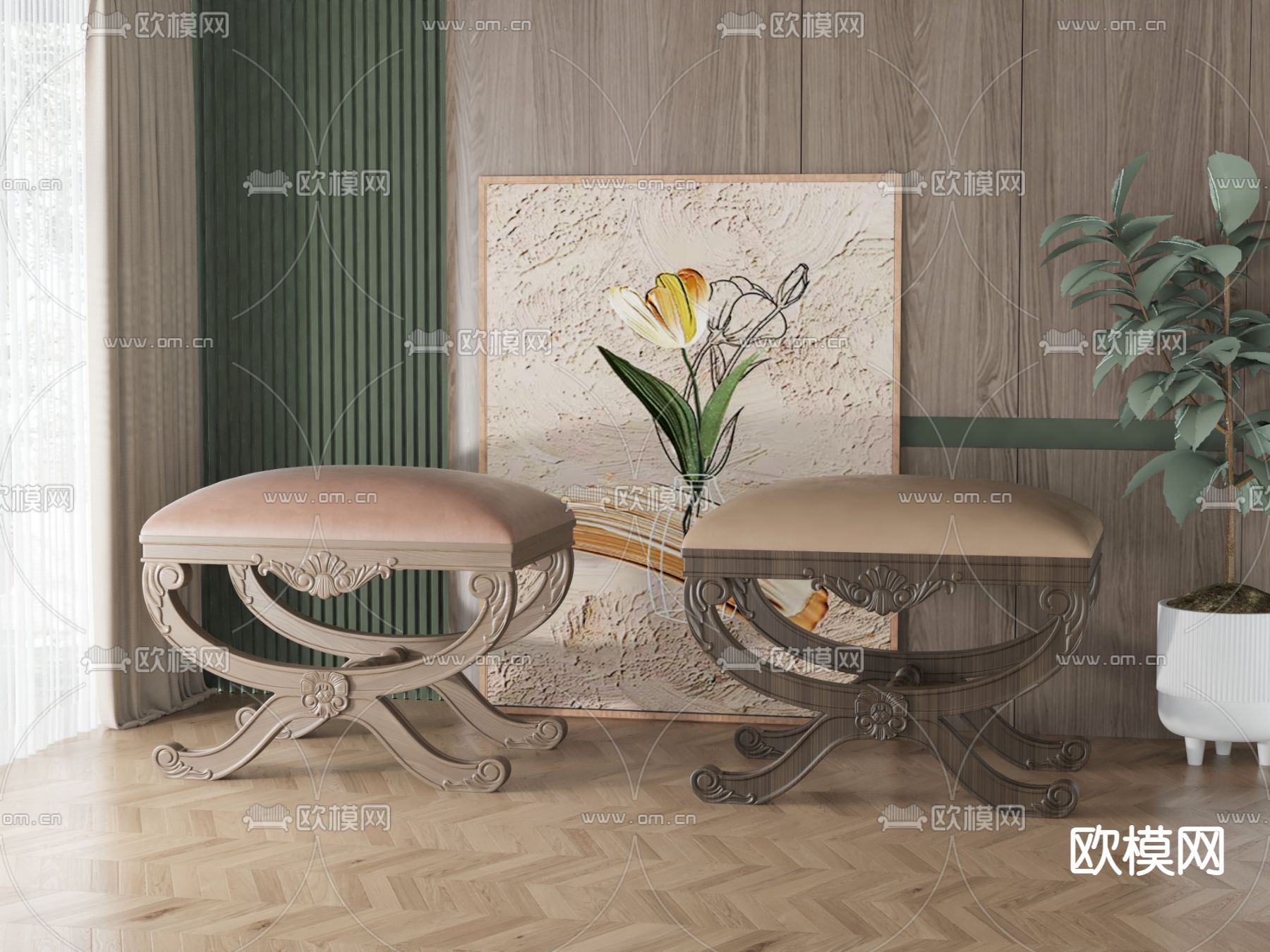 美式沙发凳 矮凳3d模型下载