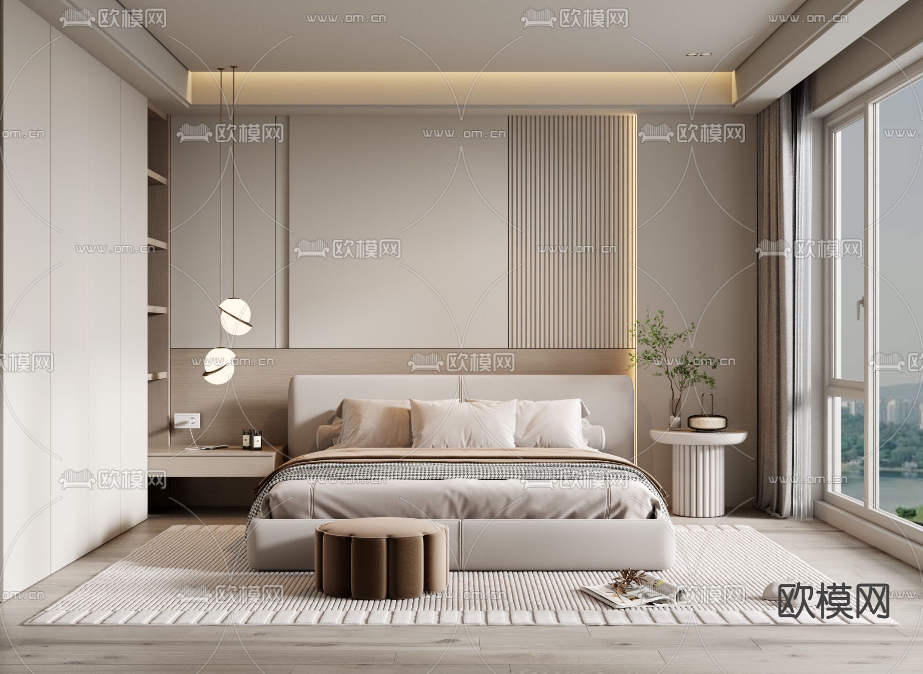 奶油风卧室 主人房3d模型下载（渲染图1）