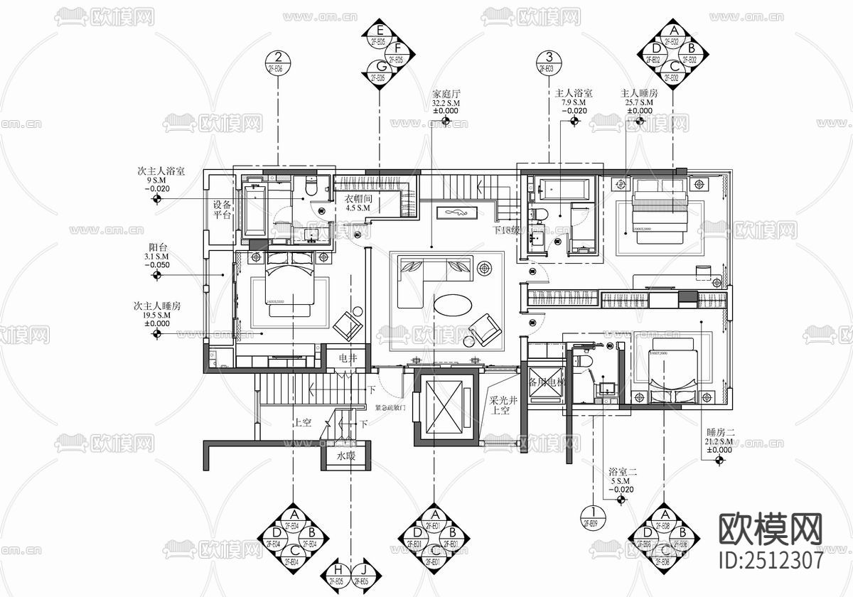 700㎡三层别墅室内cad施工图下载（渲染图2）