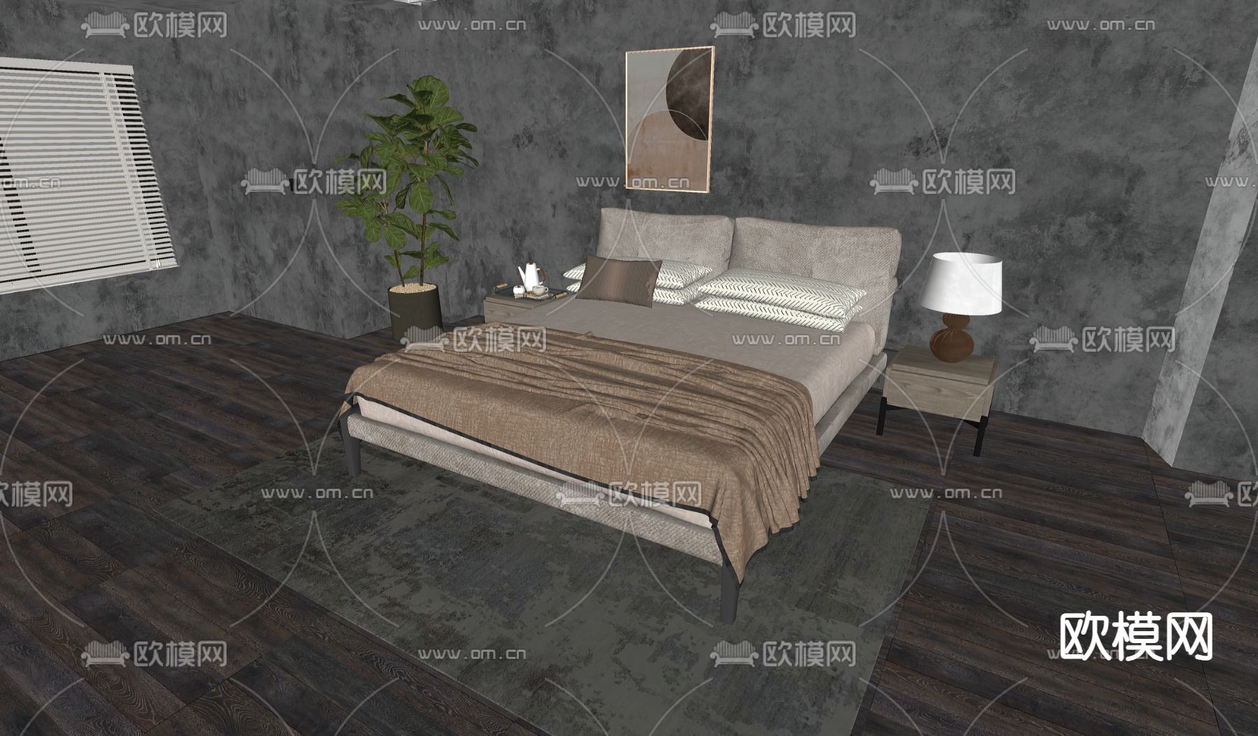 现代双人床su模型下载（渲染图2）
