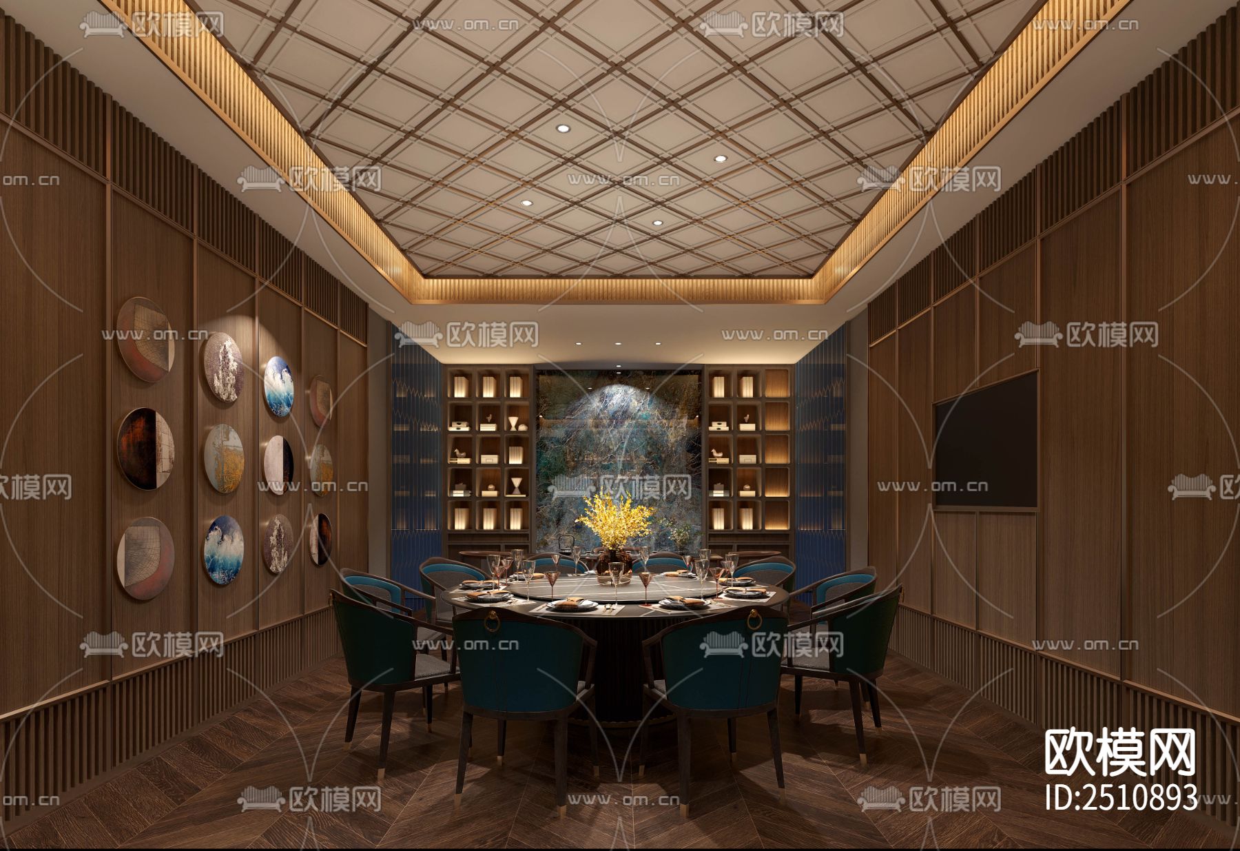 新中式餐饮空间CAD施工图下载（渲染图2）