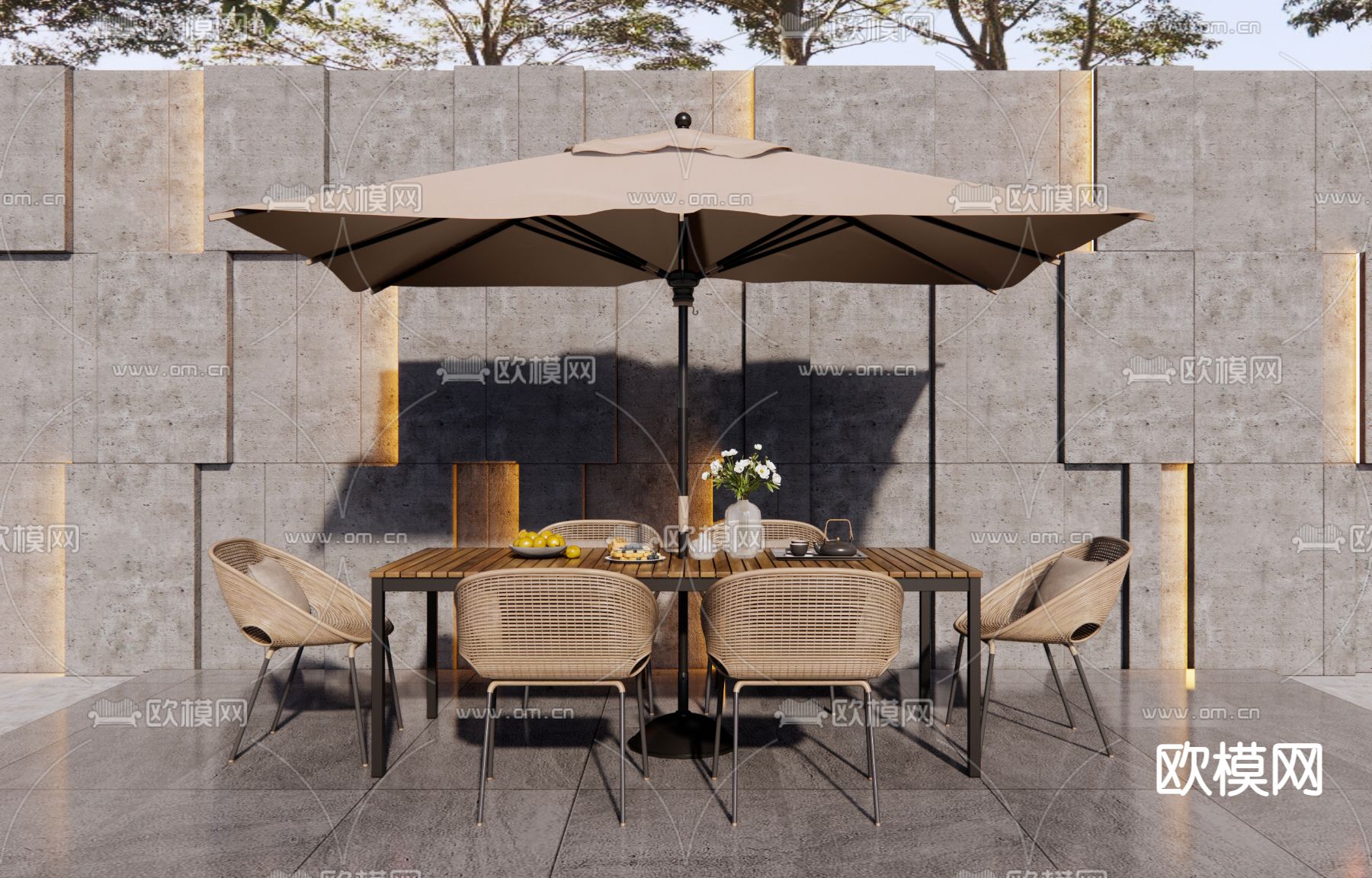 藤编户外桌椅 遮阳伞3d模型下载