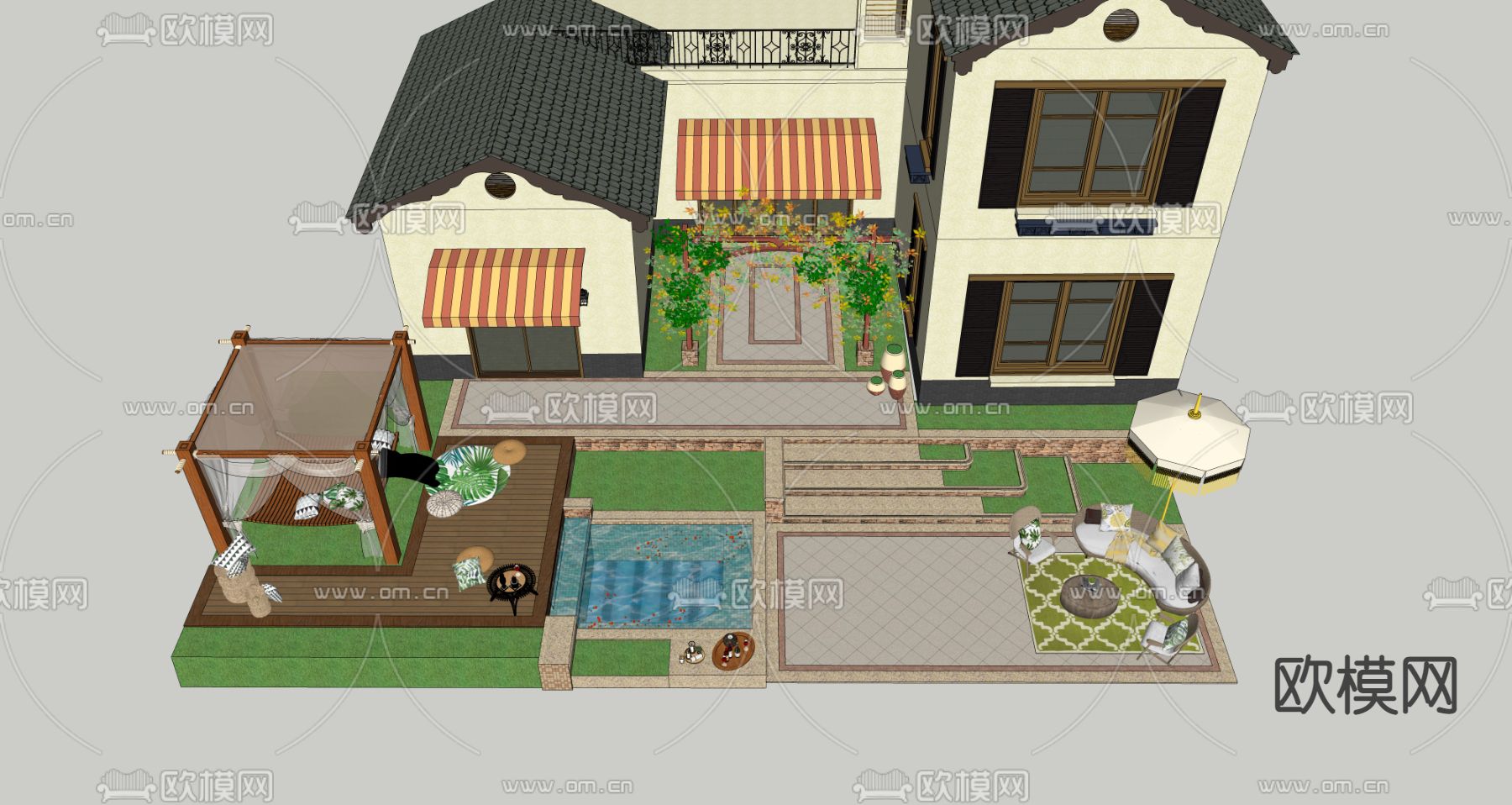 欧式庭院花园su模型下载（渲染图4）