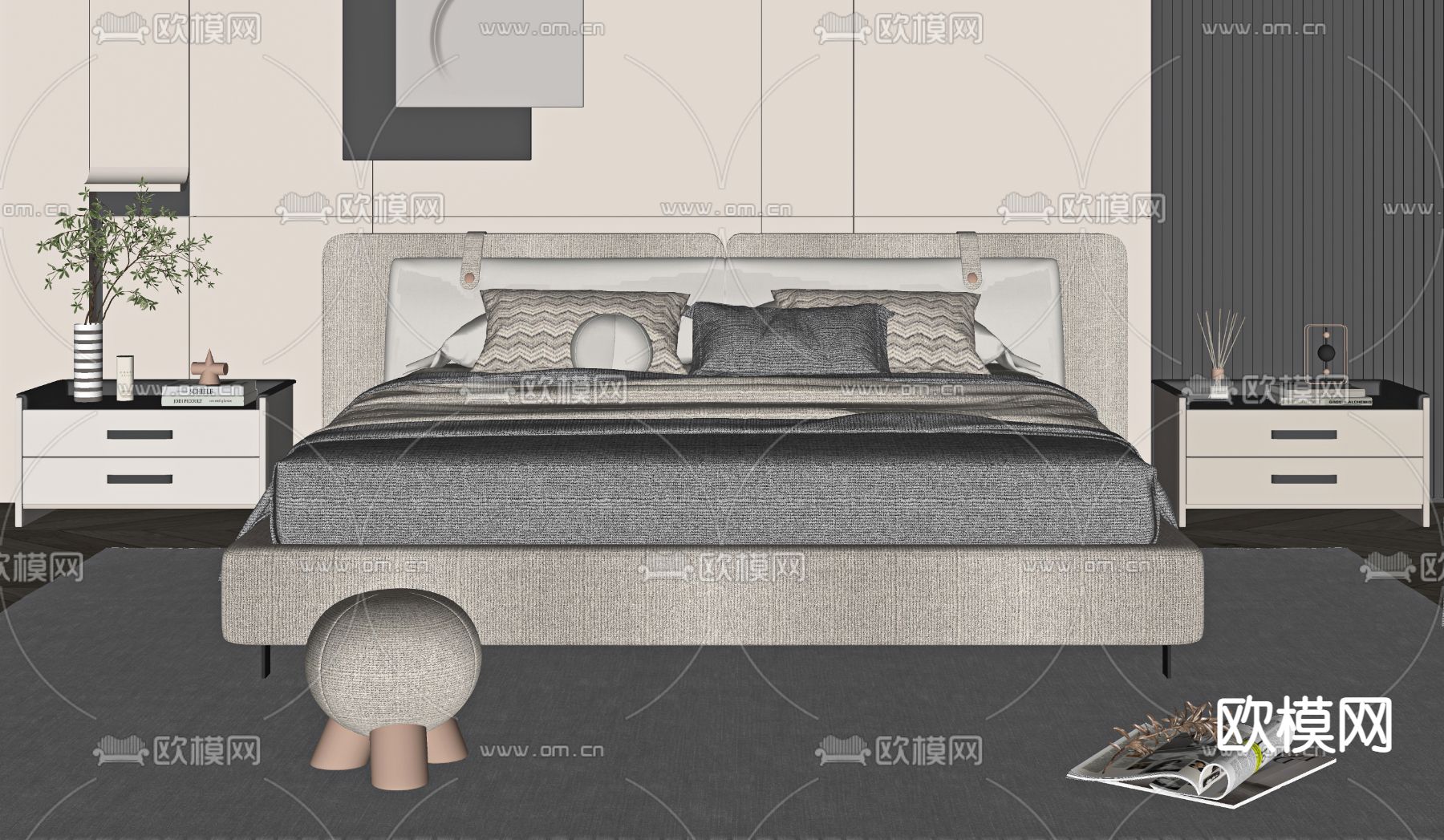 现代双人床su模型下载（渲染图2）
