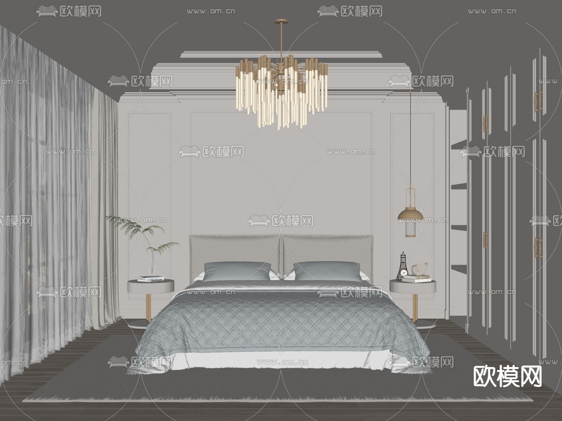 美式卧室 主人房su模型下载（渲染图2）