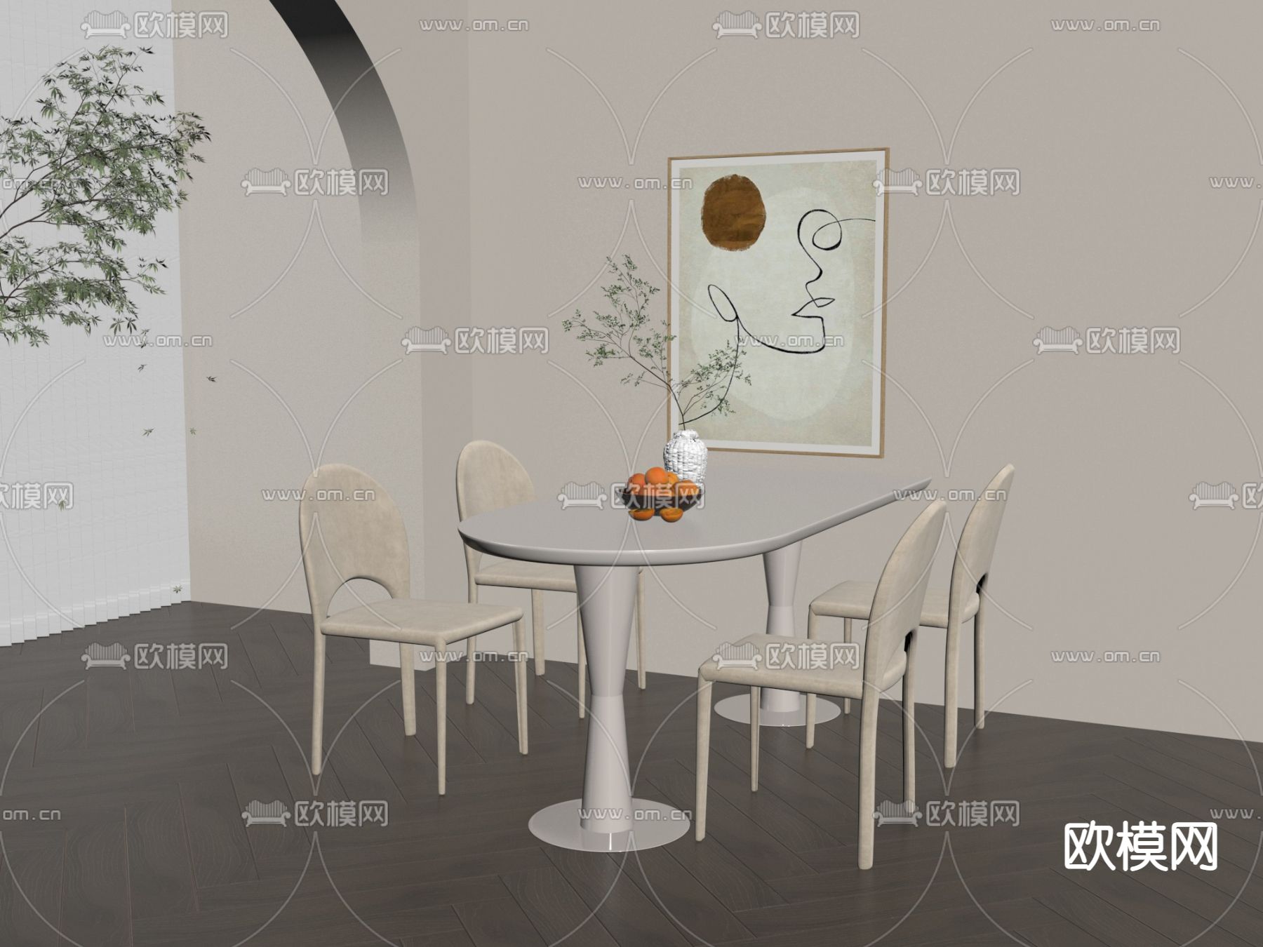 奶油风餐桌椅su模型下载（渲染图2）