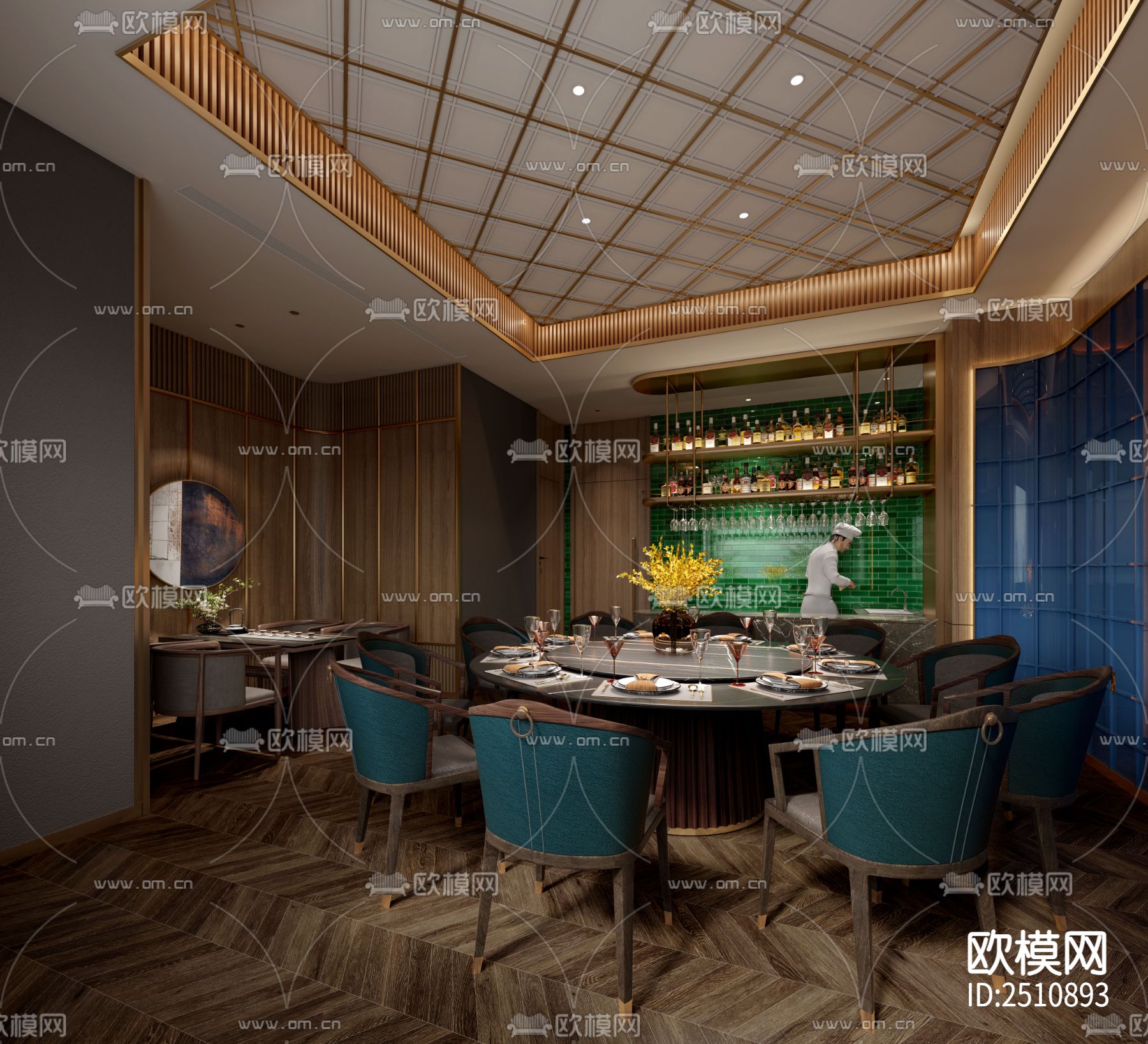 新中式餐饮空间CAD施工图下载（渲染图6）