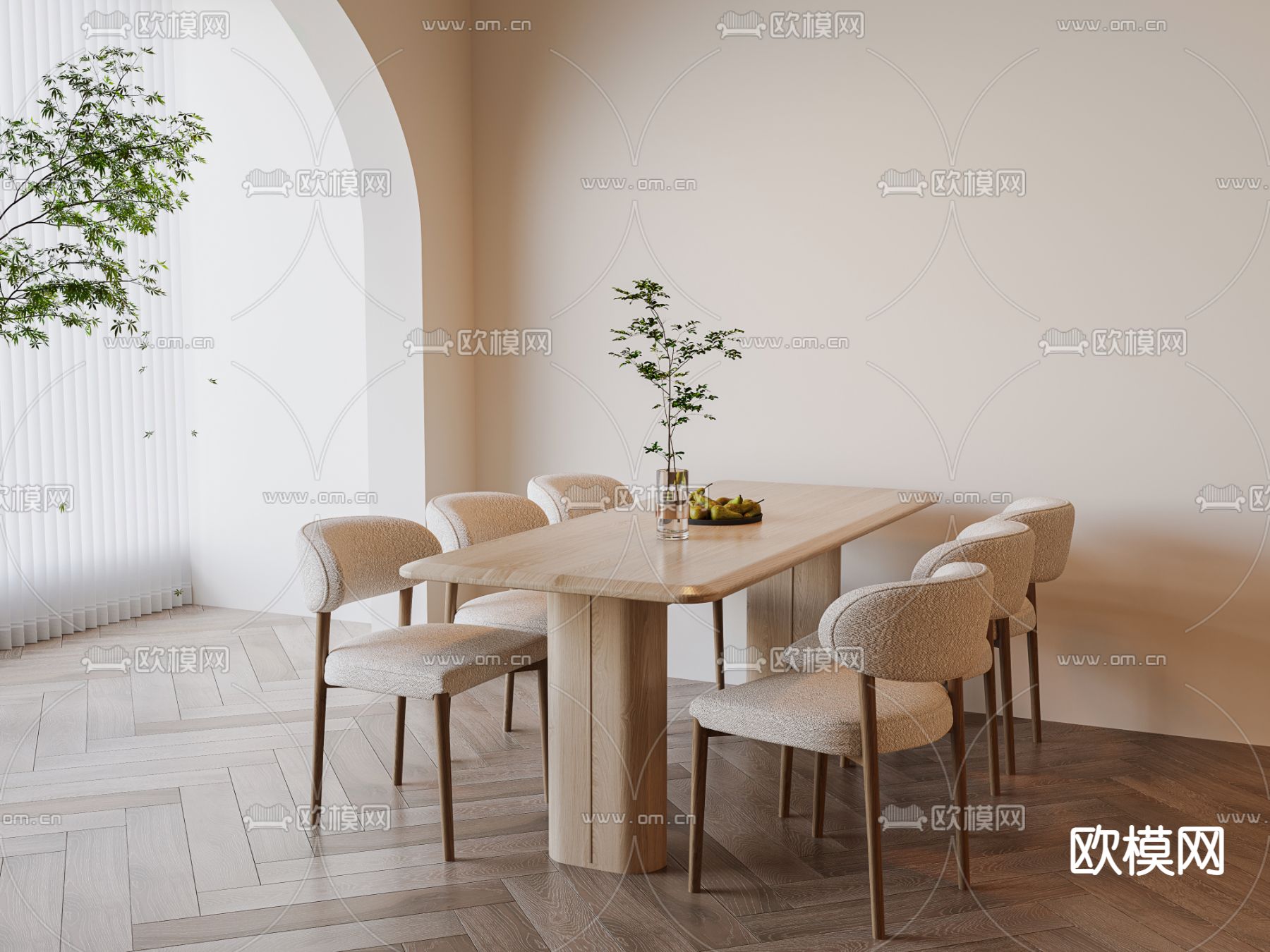 奶油风餐桌椅su模型下载（渲染图1）
