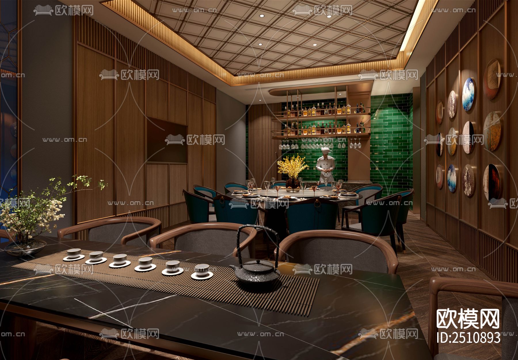 新中式餐饮空间CAD施工图下载（渲染图3）