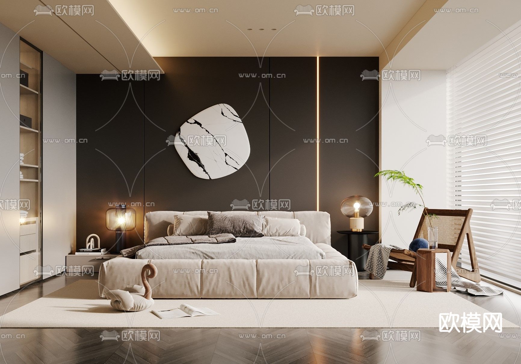 高级灰卧室su模型下载（渲染图1）