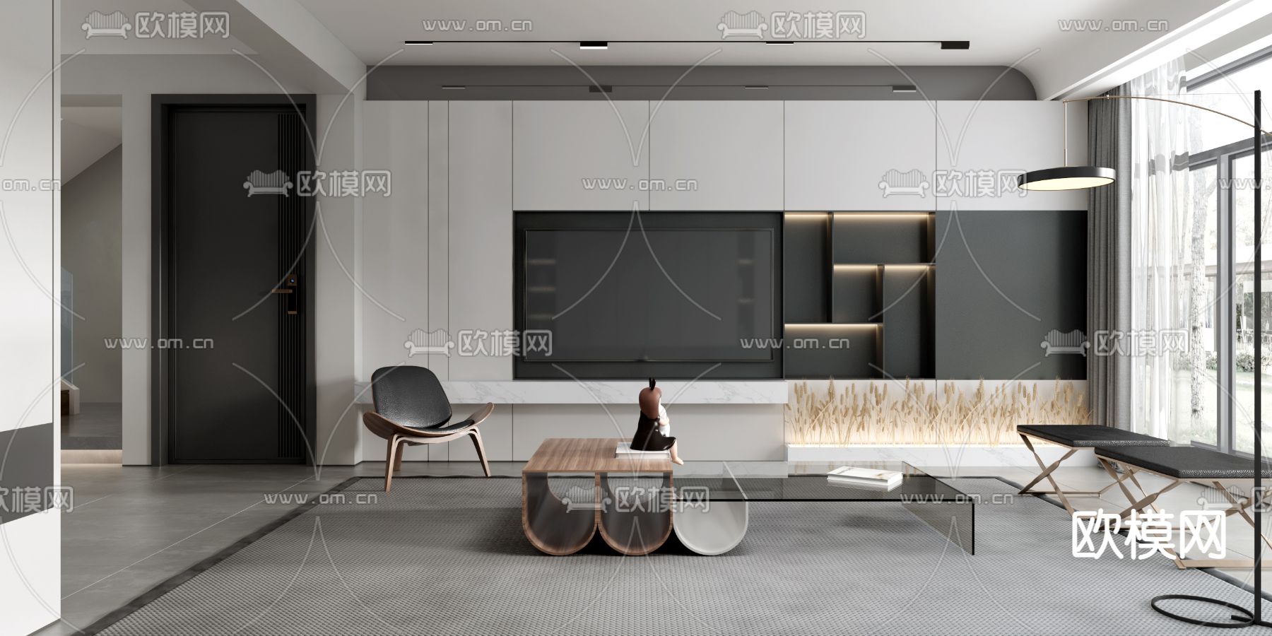 现代电视背景墙su模型下载（渲染图1）