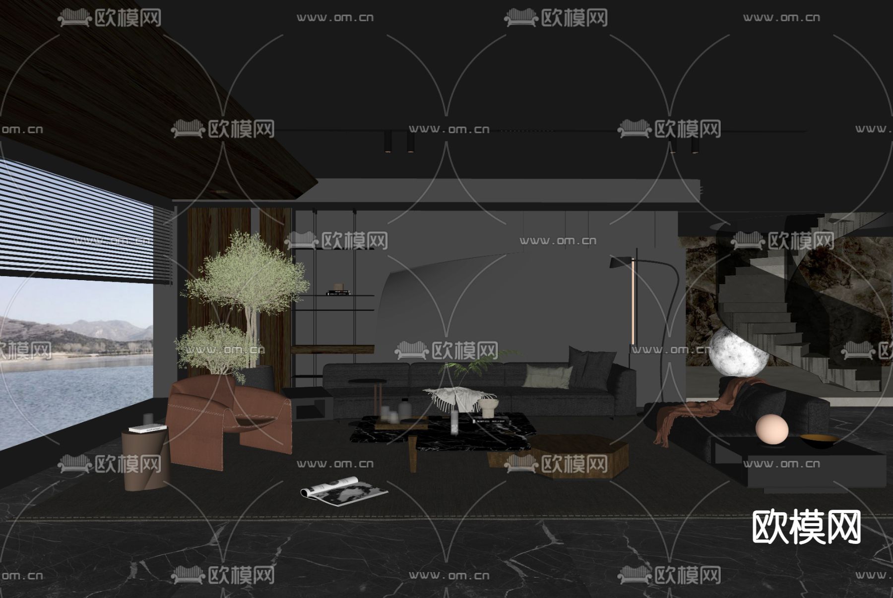 暗黑风客厅su模型下载（渲染图2）