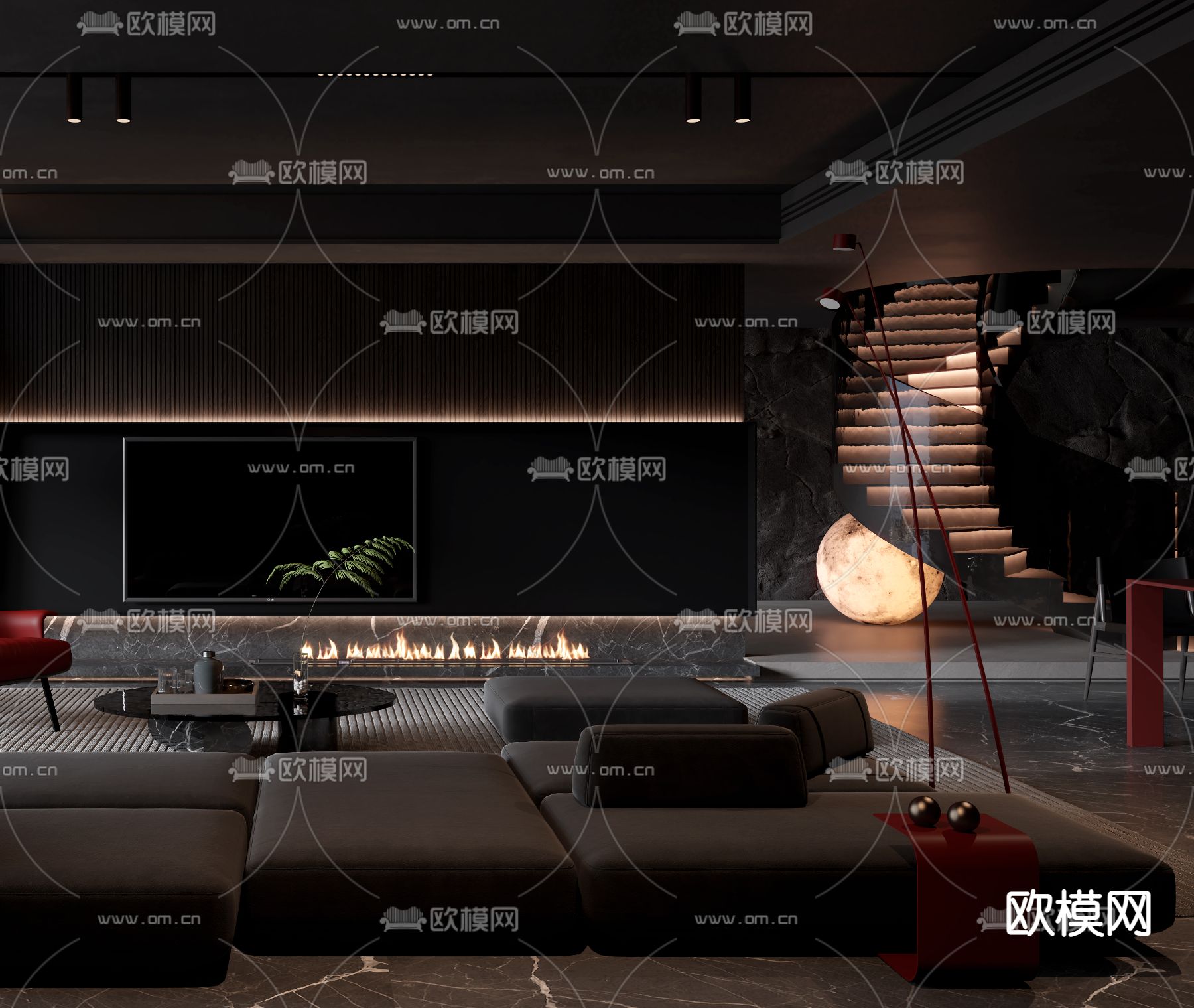 暗黑风客厅3d模型下载（渲染图2）