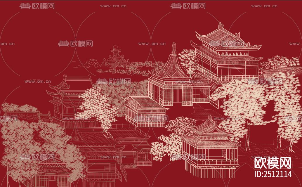 新中式线条建筑壁画下载（渲染图2）