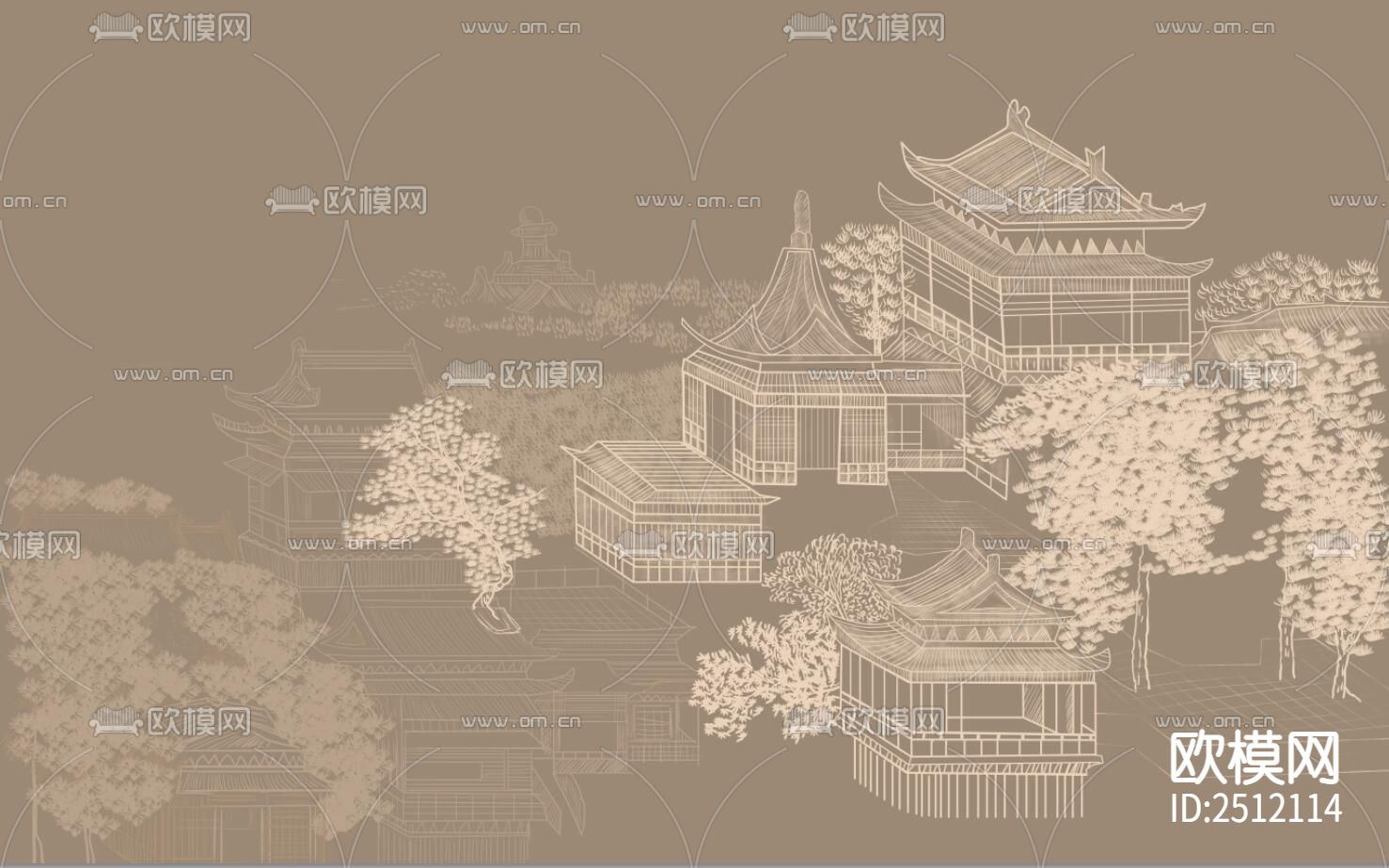 新中式线条建筑壁画下载（渲染图1）