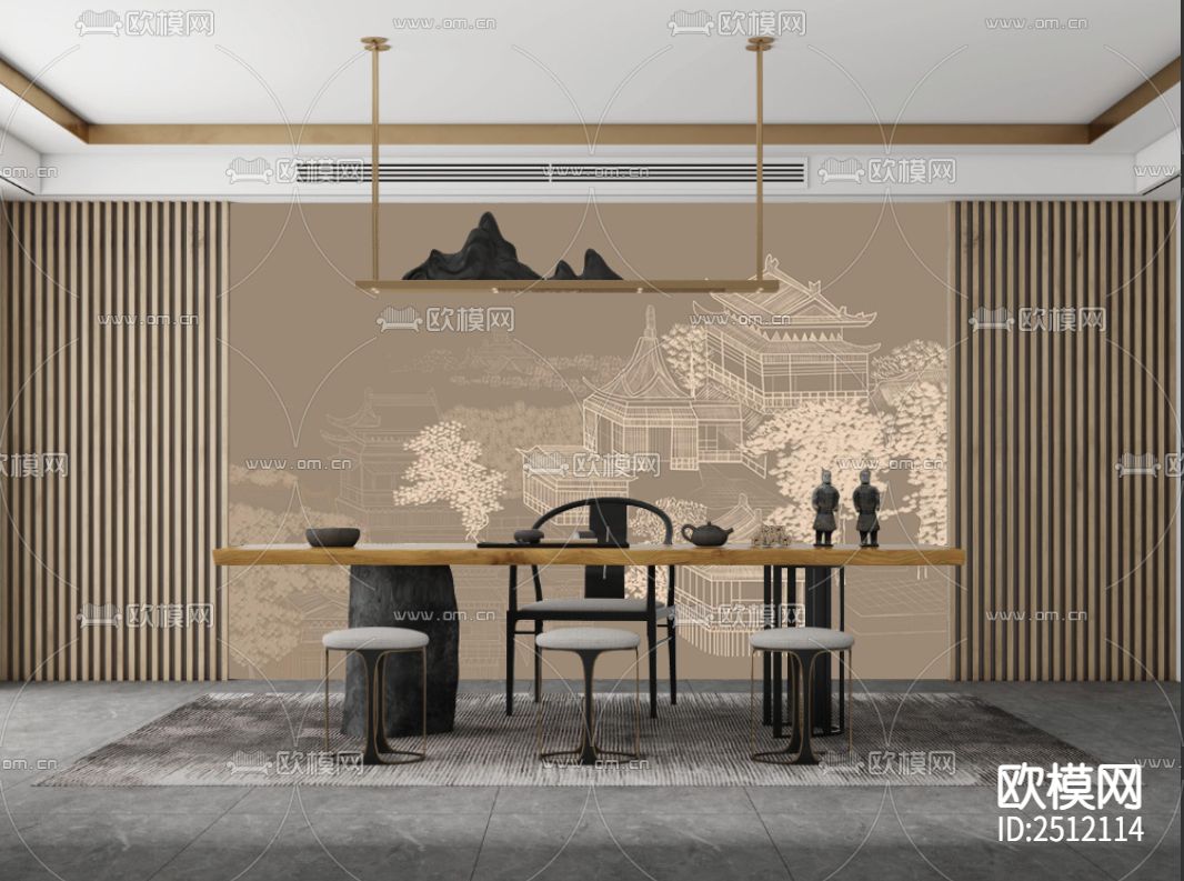 新中式线条建筑壁画下载（渲染图3）