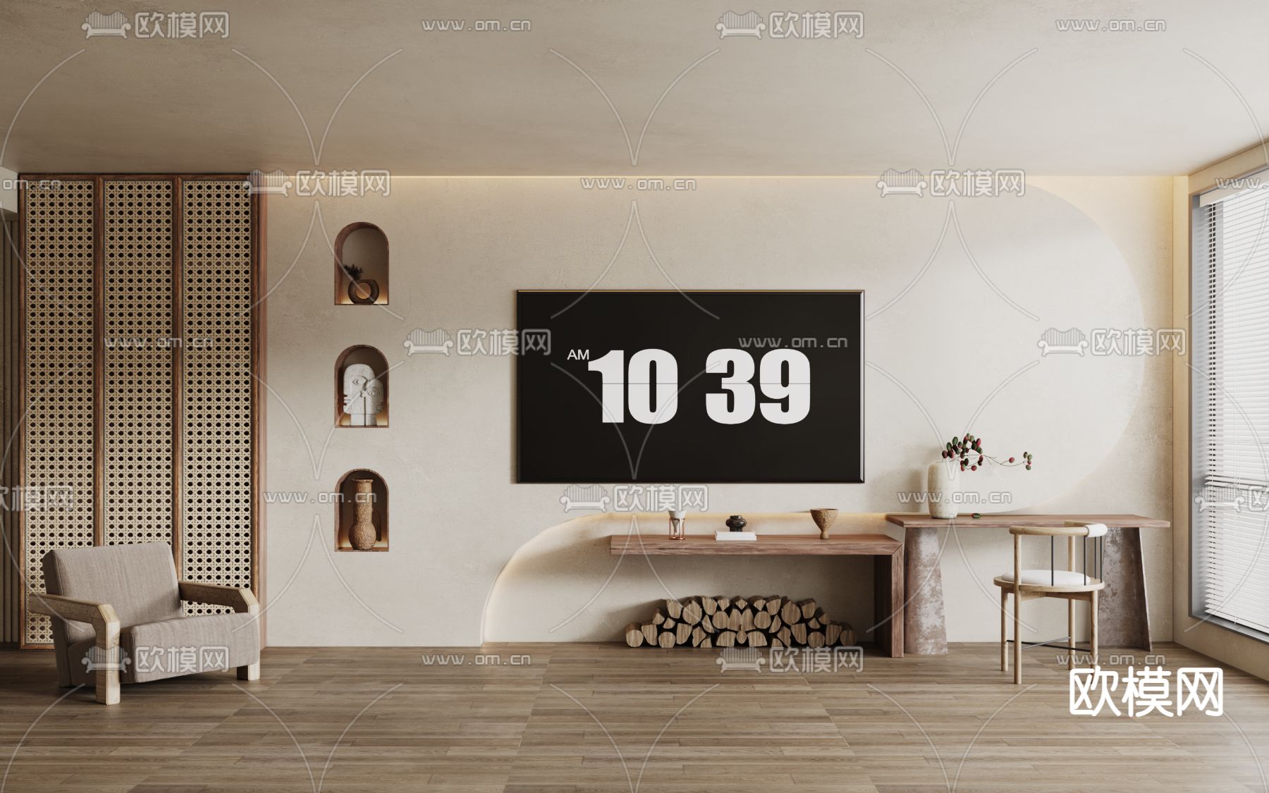 侘寂风电视背景墙su模型下载（渲染图1）