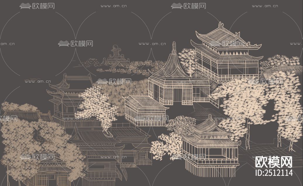 新中式线条建筑壁画下载（渲染图4）