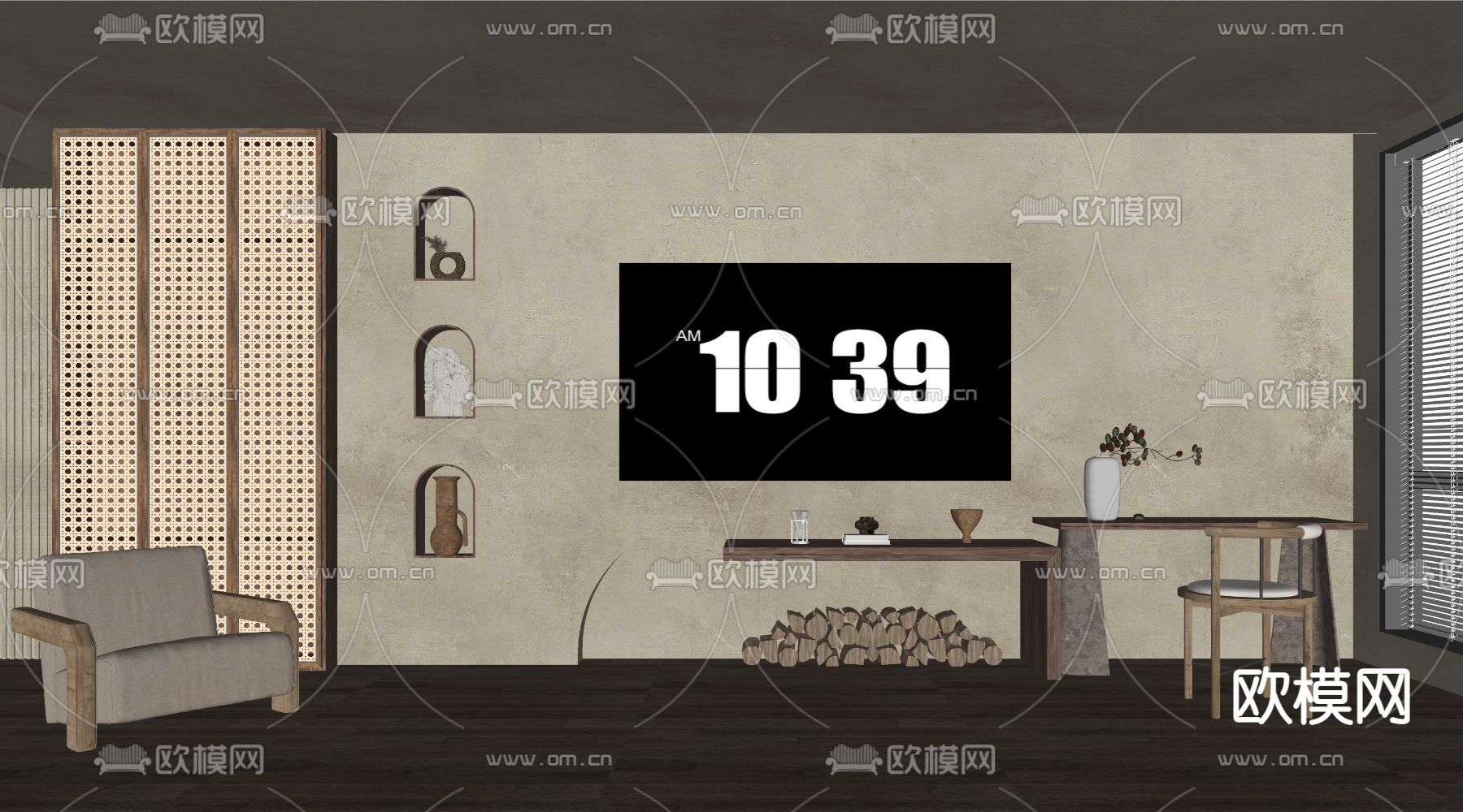 侘寂风电视背景墙su模型下载（渲染图2）