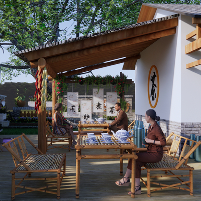  新中式露天茶楼su模型 