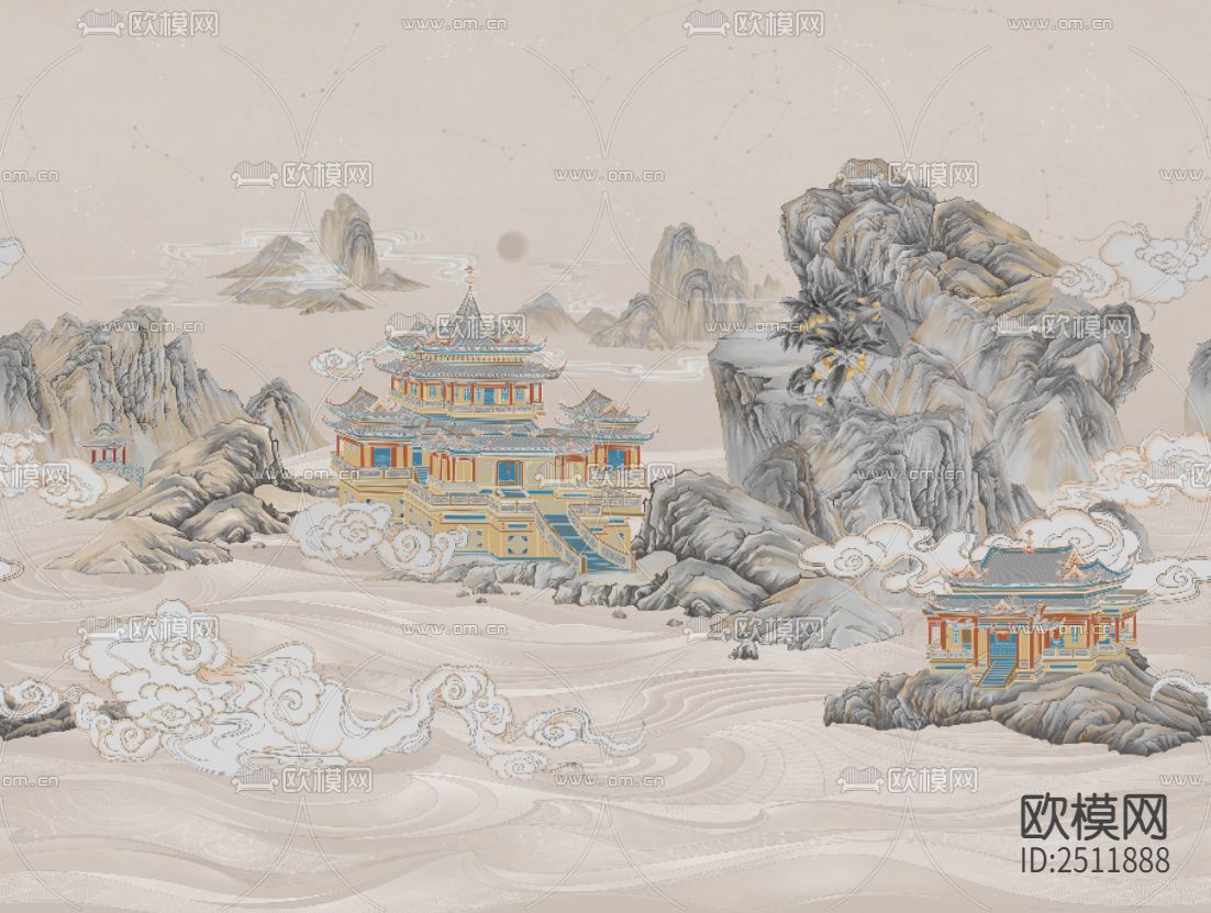 新中式山水古典建筑壁画下载（渲染图1）