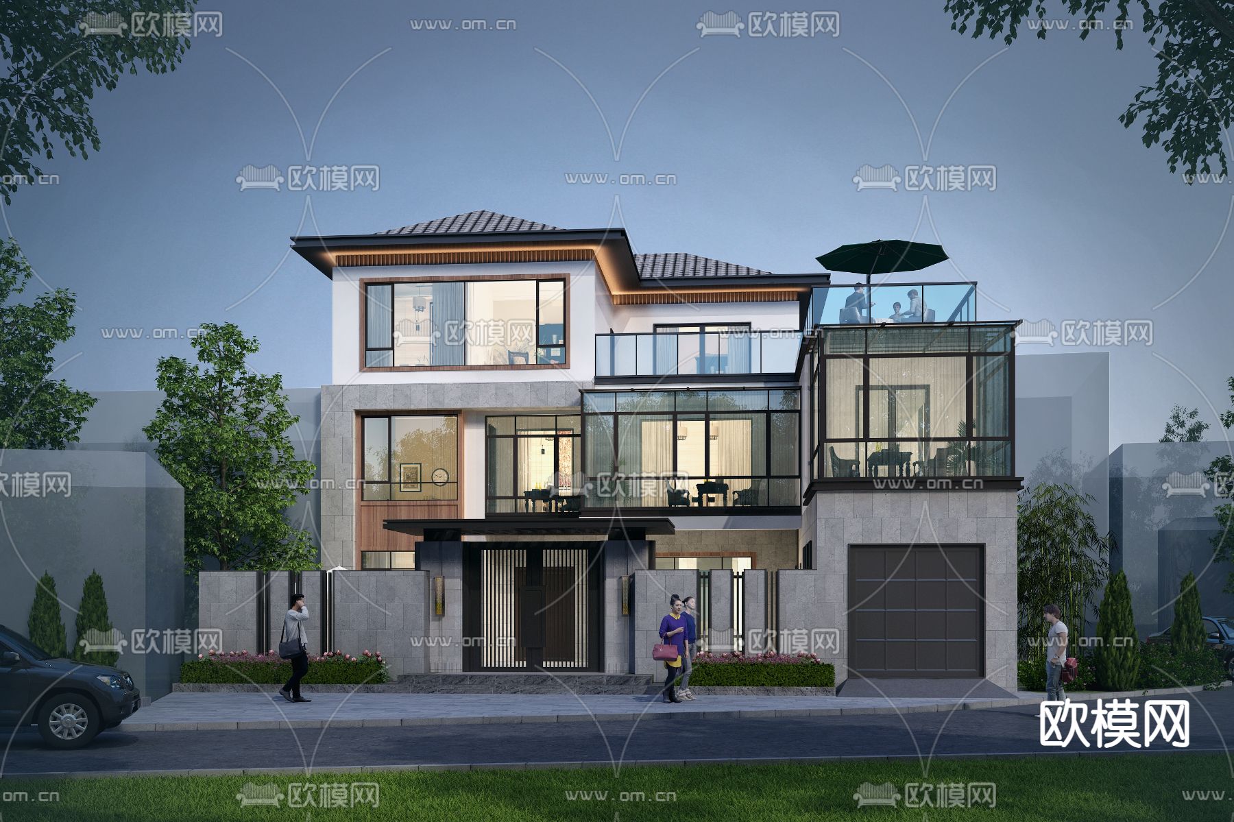 独栋别墅外观 夜景3d模型下载