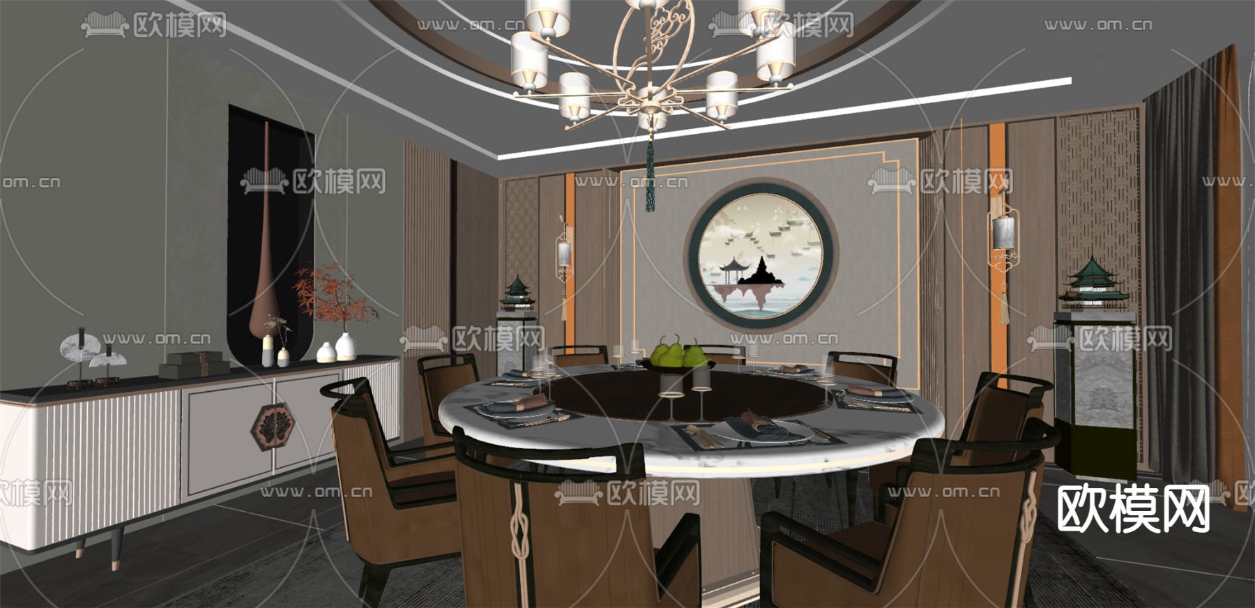 新中式餐厅包房su模型下载（渲染图2）