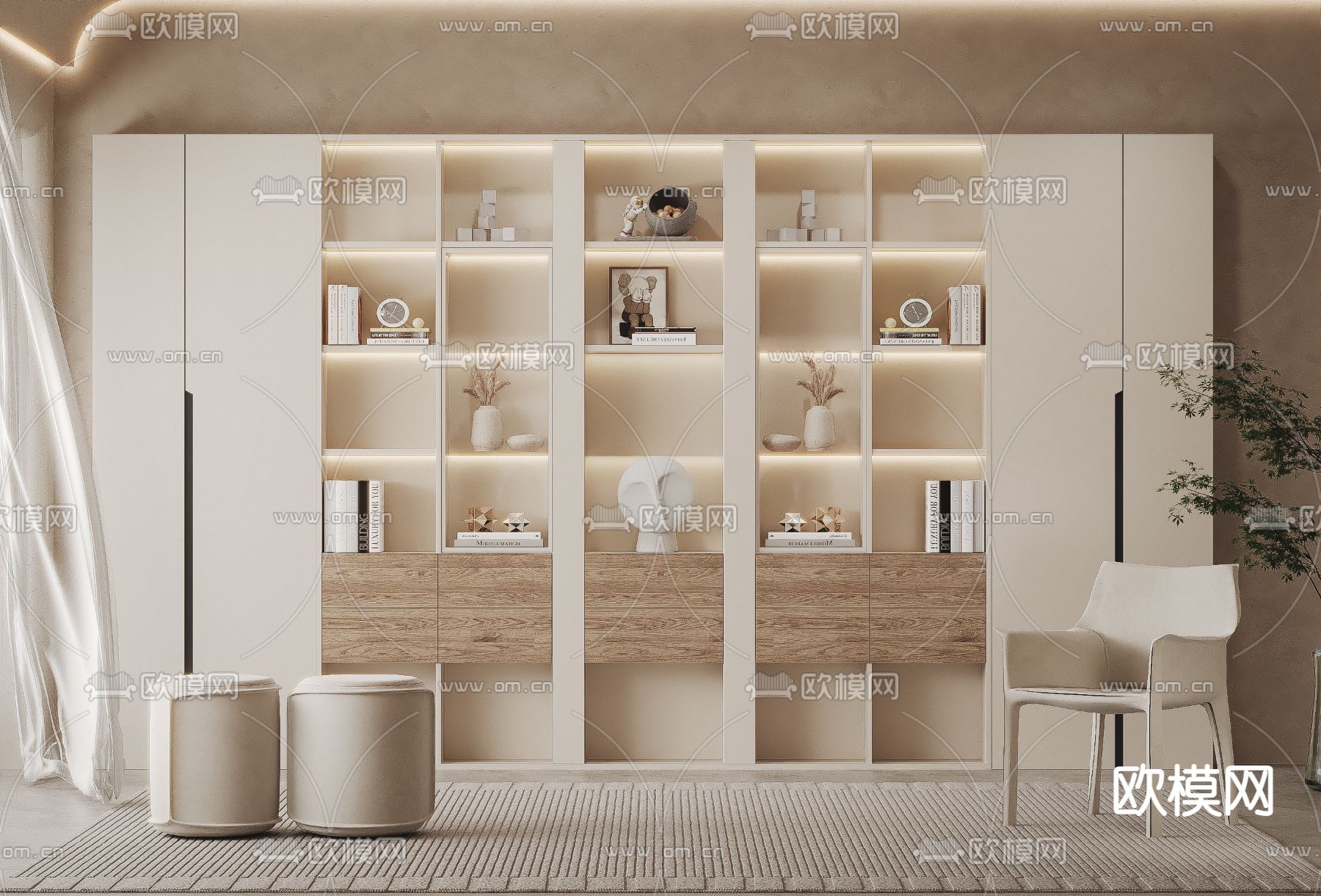 奶油风装饰柜 储物柜 书柜3d模型下载_ID13022683_3dmax免费模型-欧模网