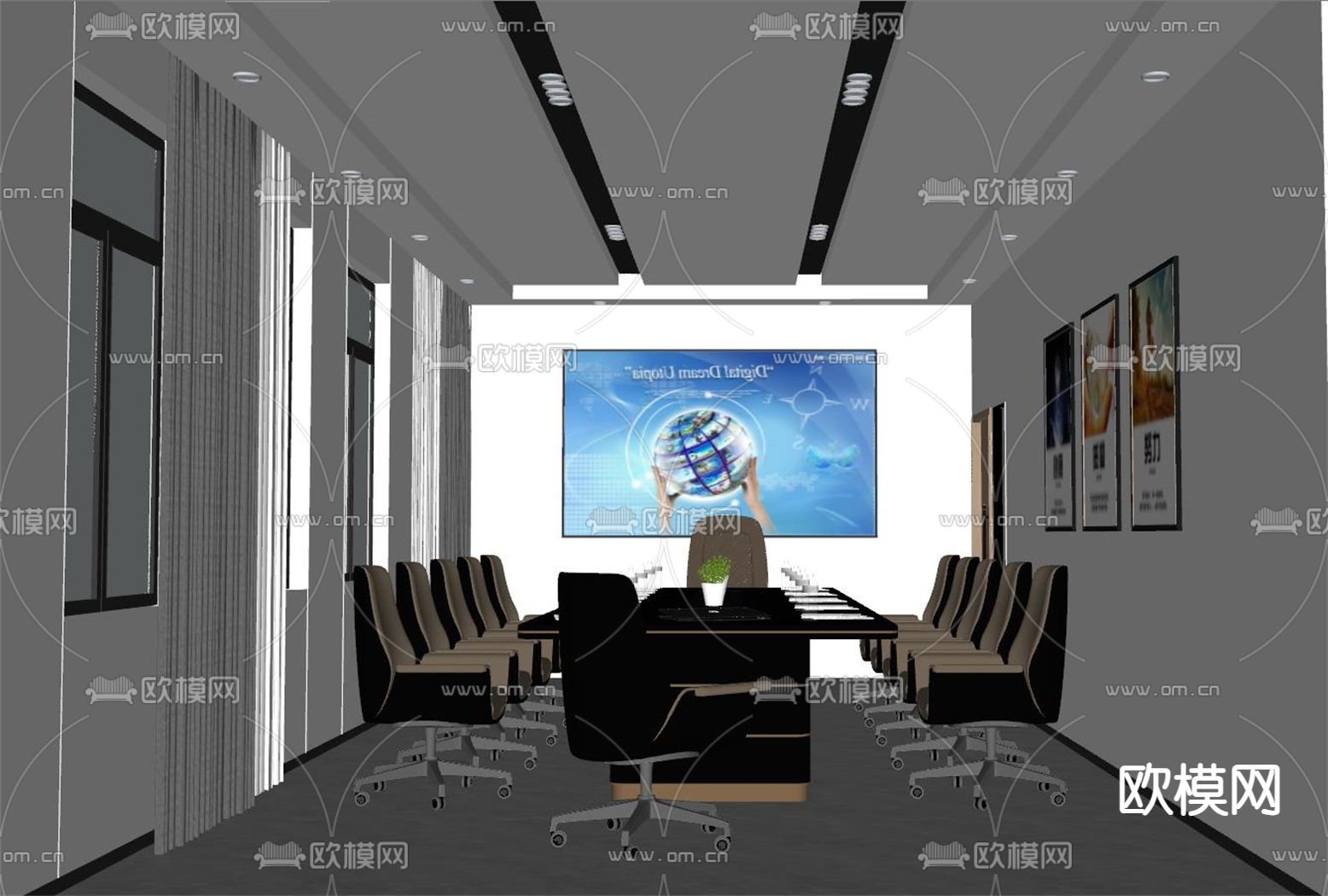 现代会议室  多功能厅su模型下载（渲染图2）