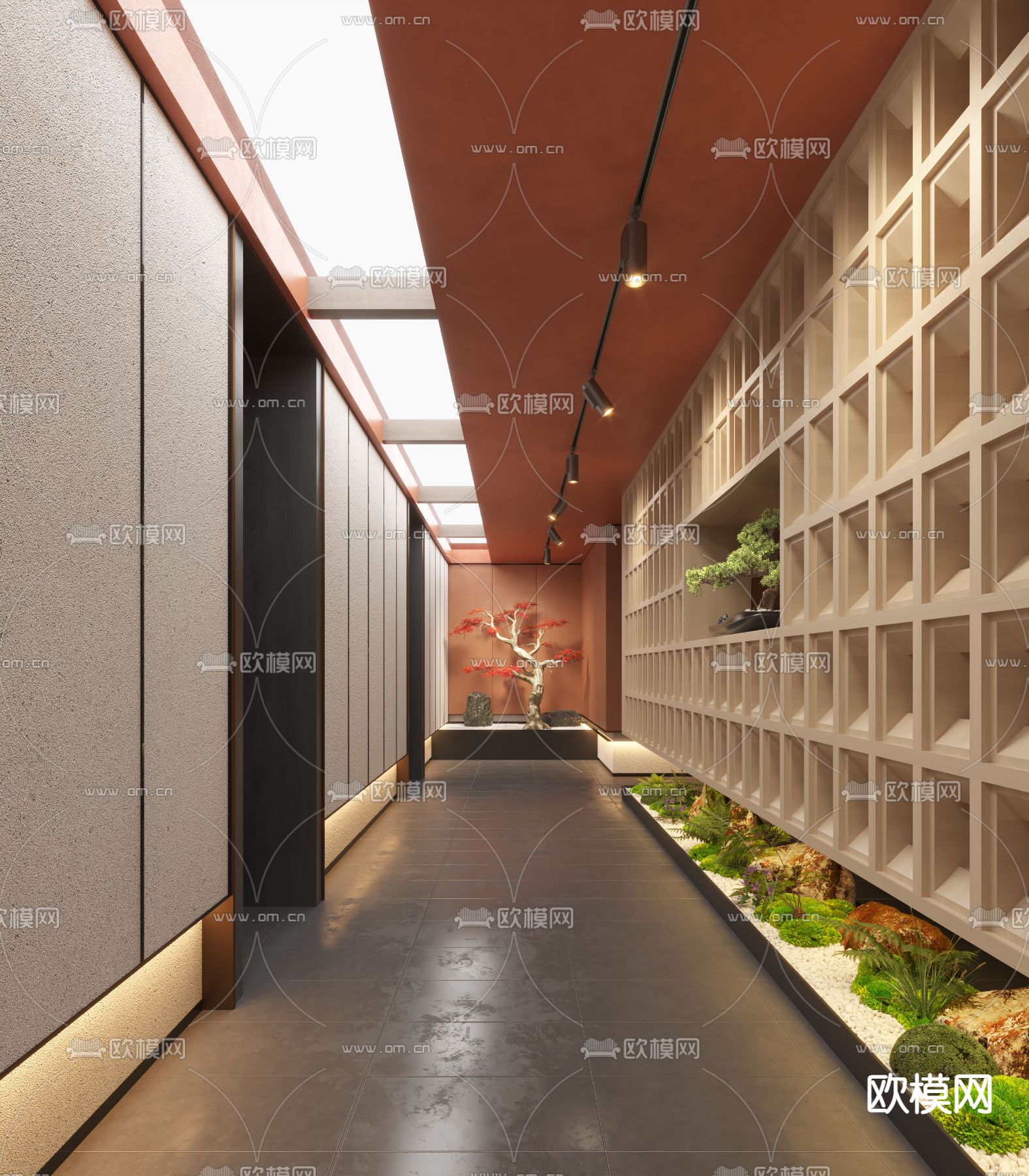 新中式酒店过道景观 走廊3d模型下载_ID13020845_3dmax免费模型-欧模网
