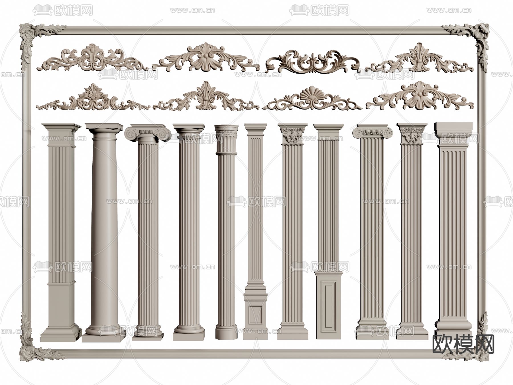欧式雕花描金罗马柱柱头，柱子3d模型下载-【集简空间】「每日更新」