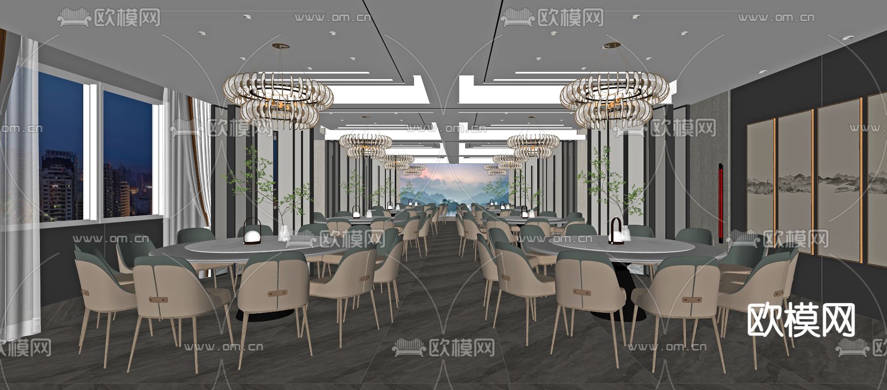 新中式酒店宴会厅su模型下载（渲染图2）
