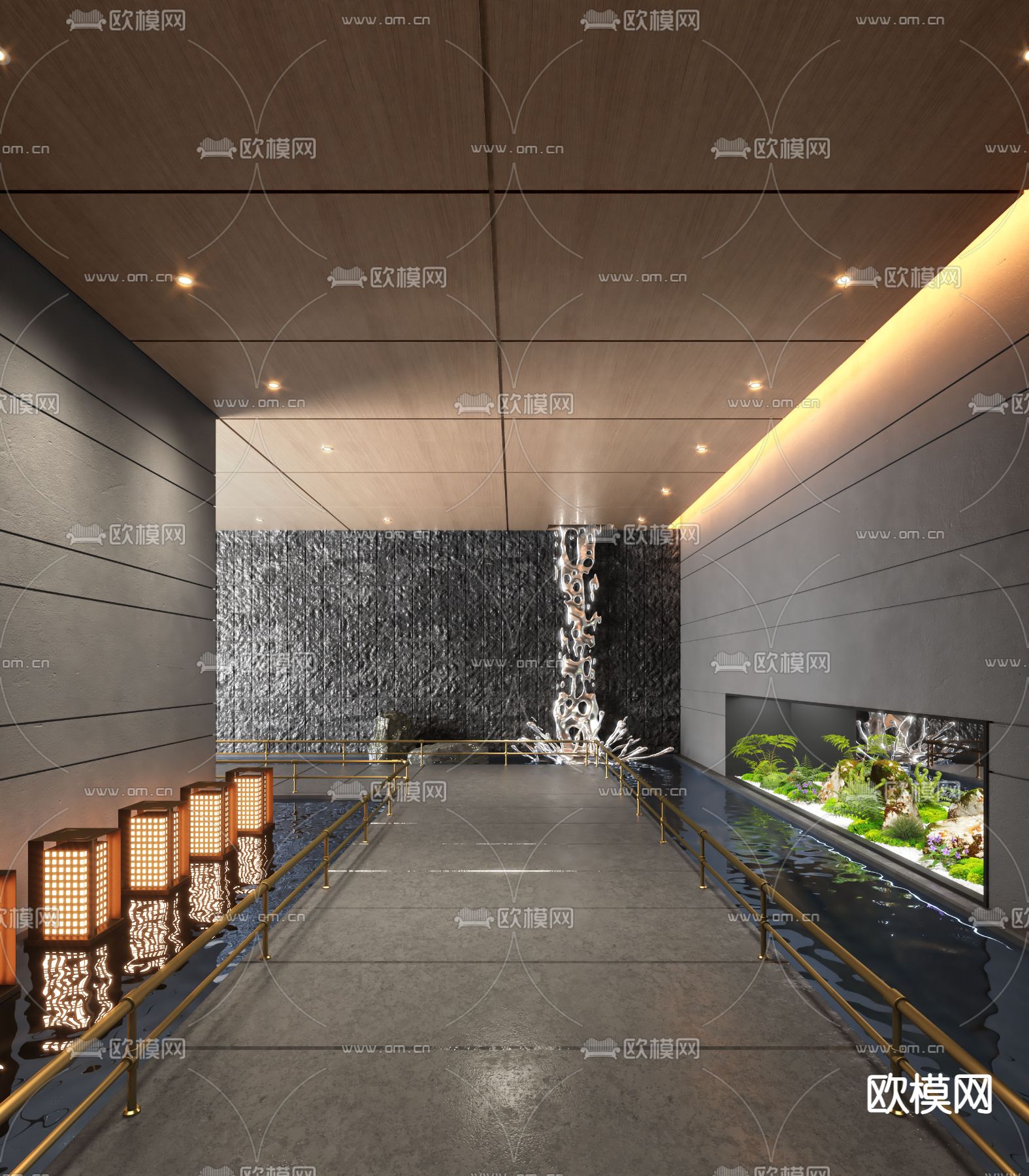 新中式酒店过道景观 走廊水景3d模型下载_ID13020850_3dmax免费模型-欧模网