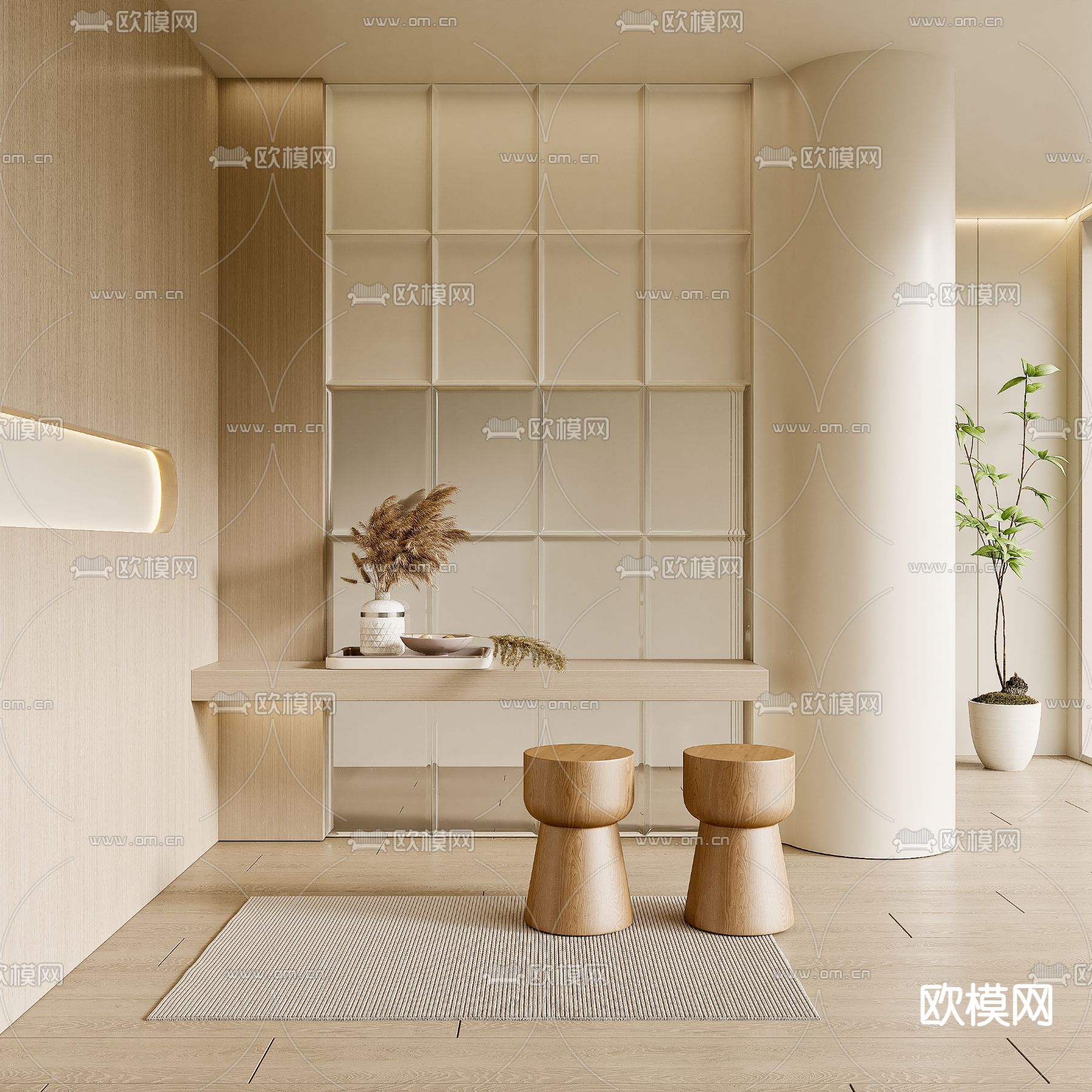 奶油风玄关隔断 屏风3d模型下载