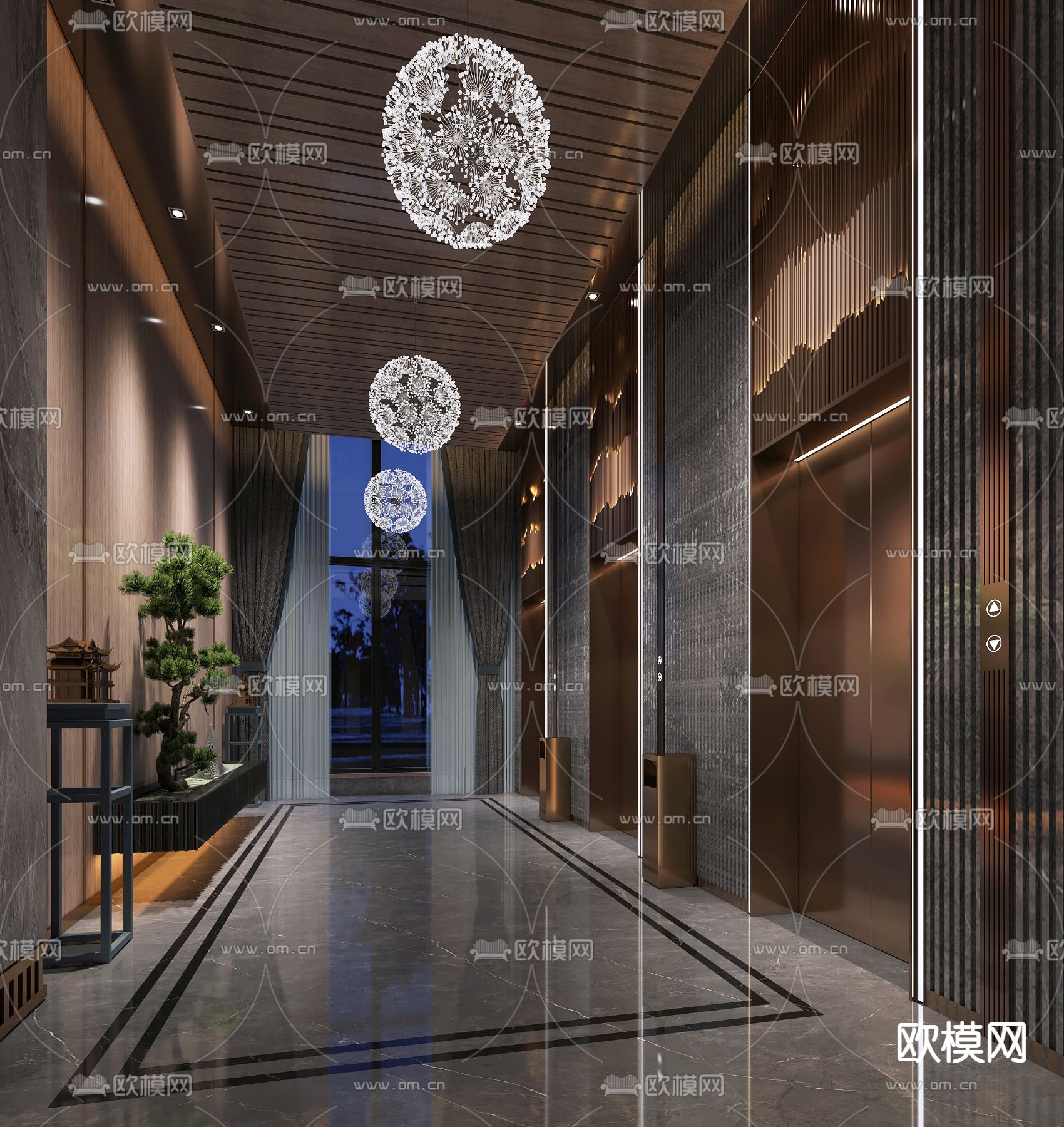 新中式酒店电梯厅3d模型下载