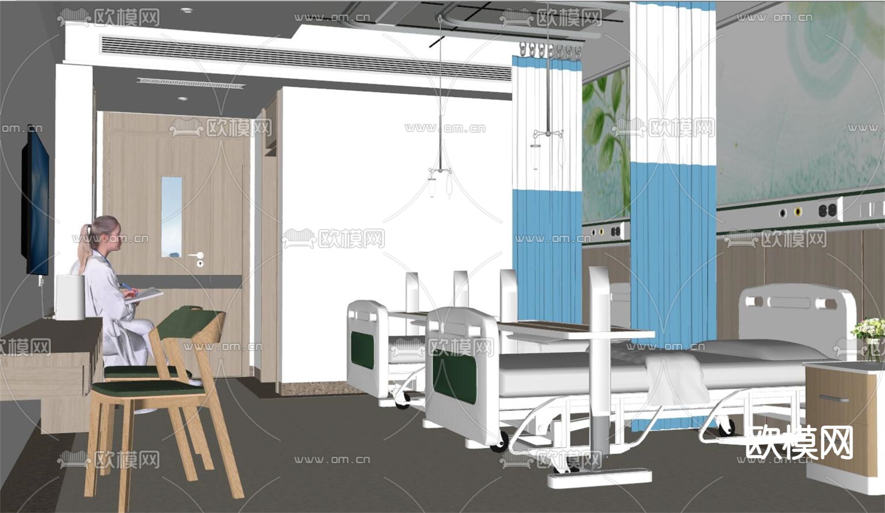 现代医院病房su模型下载（渲染图2）