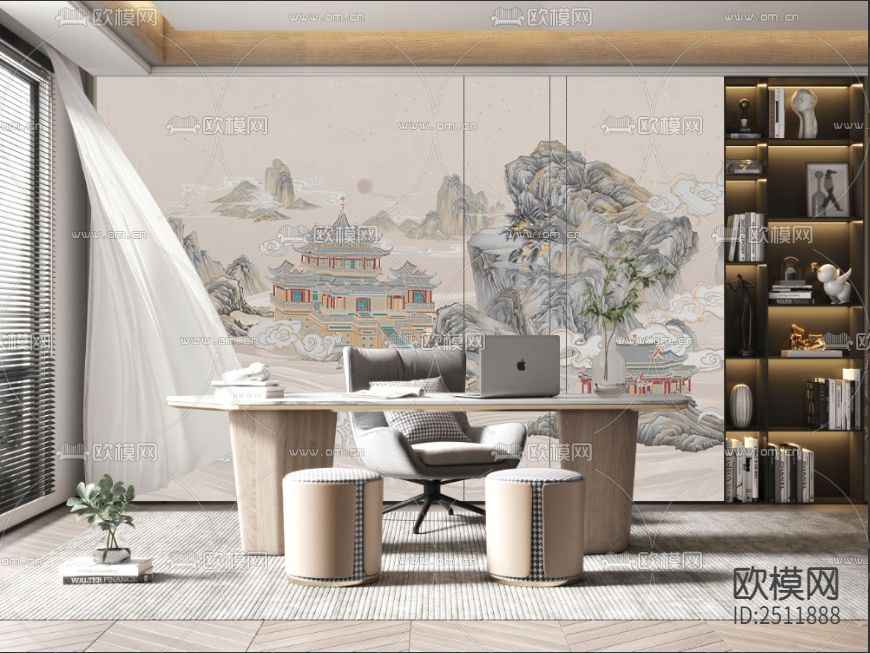 新中式山水古典建筑壁画下载（渲染图3）