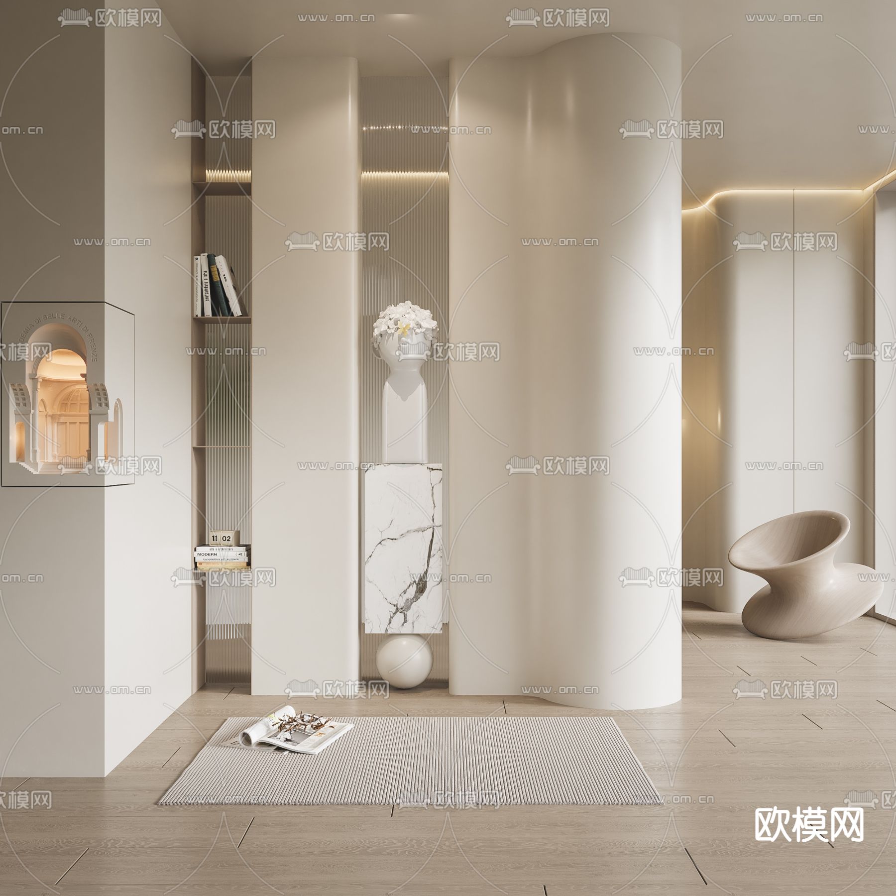 奶油风玄关隔断 屏风3d模型下载