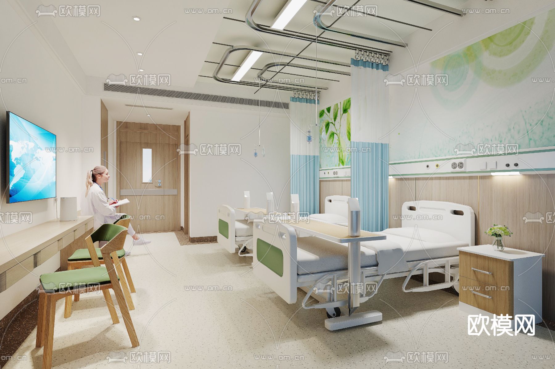 现代医院病房su模型下载（渲染图1）