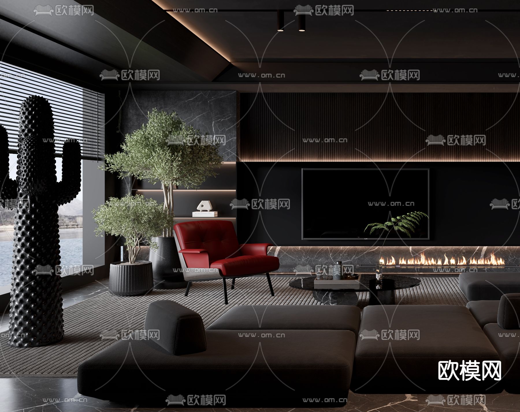 暗黑风客厅3d模型下载（渲染图3）
