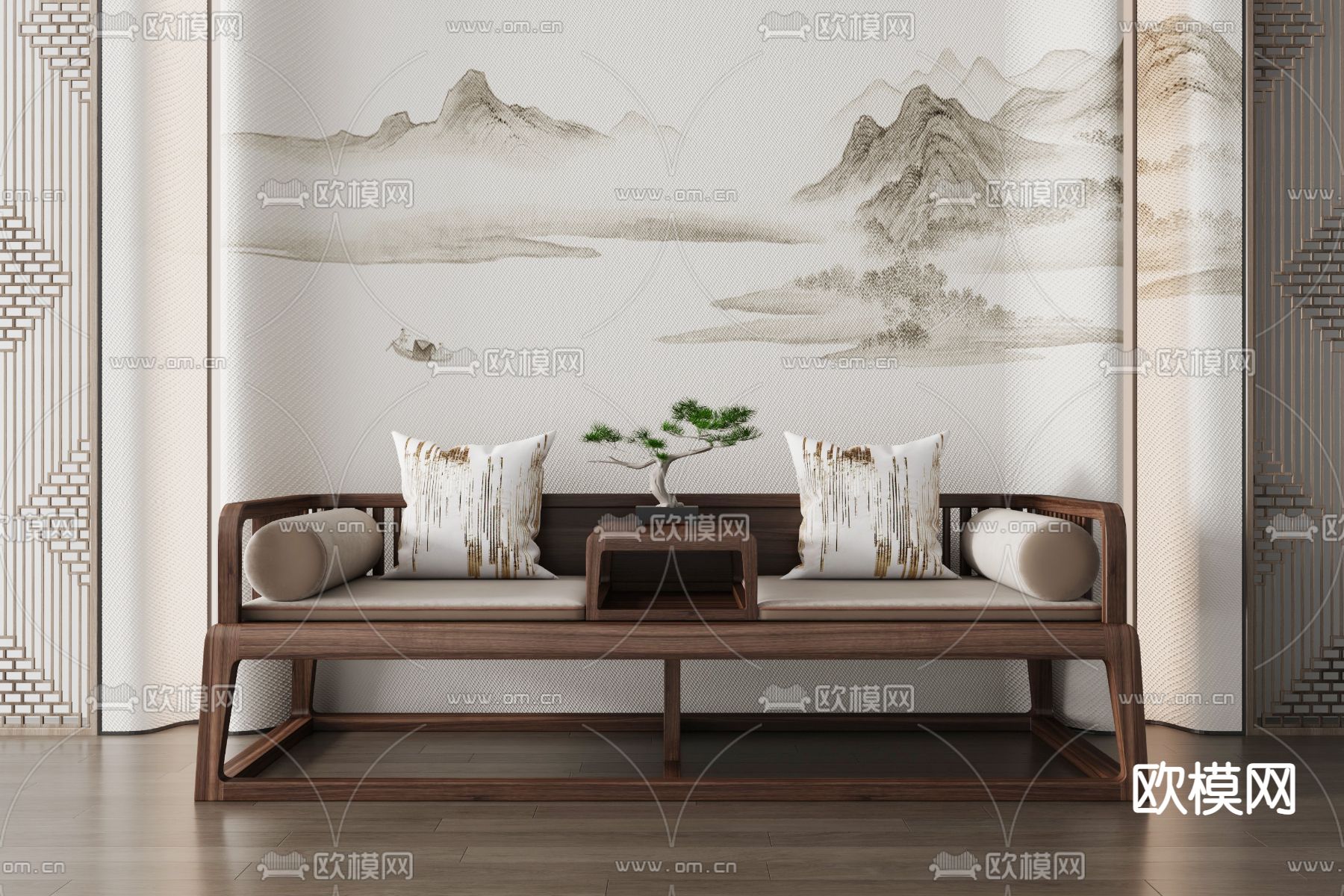 新中式罗汉床 双人沙发3d模型下载