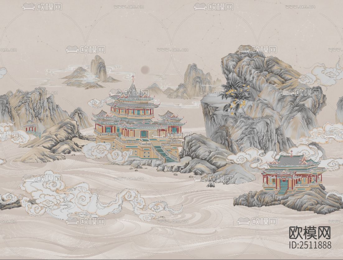 新中式山水古典建筑壁画下载（渲染图2）