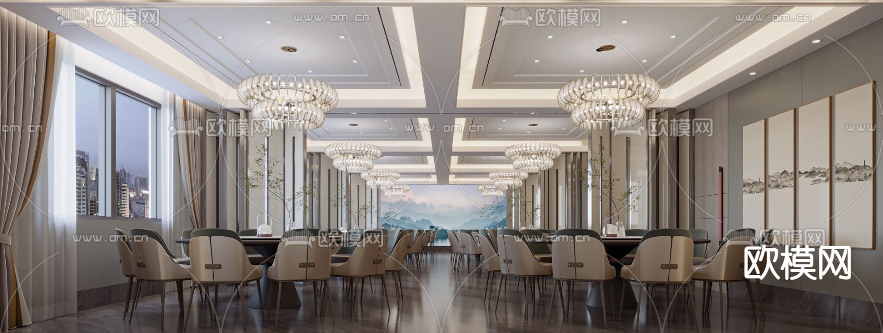 新中式酒店宴会厅su模型下载（渲染图1）