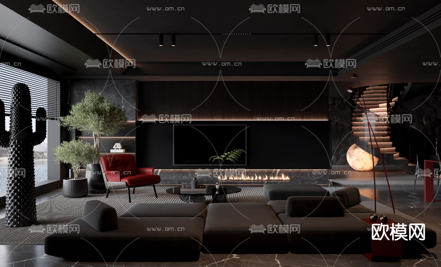 暗黑风客厅3d模型下载（渲染图1）