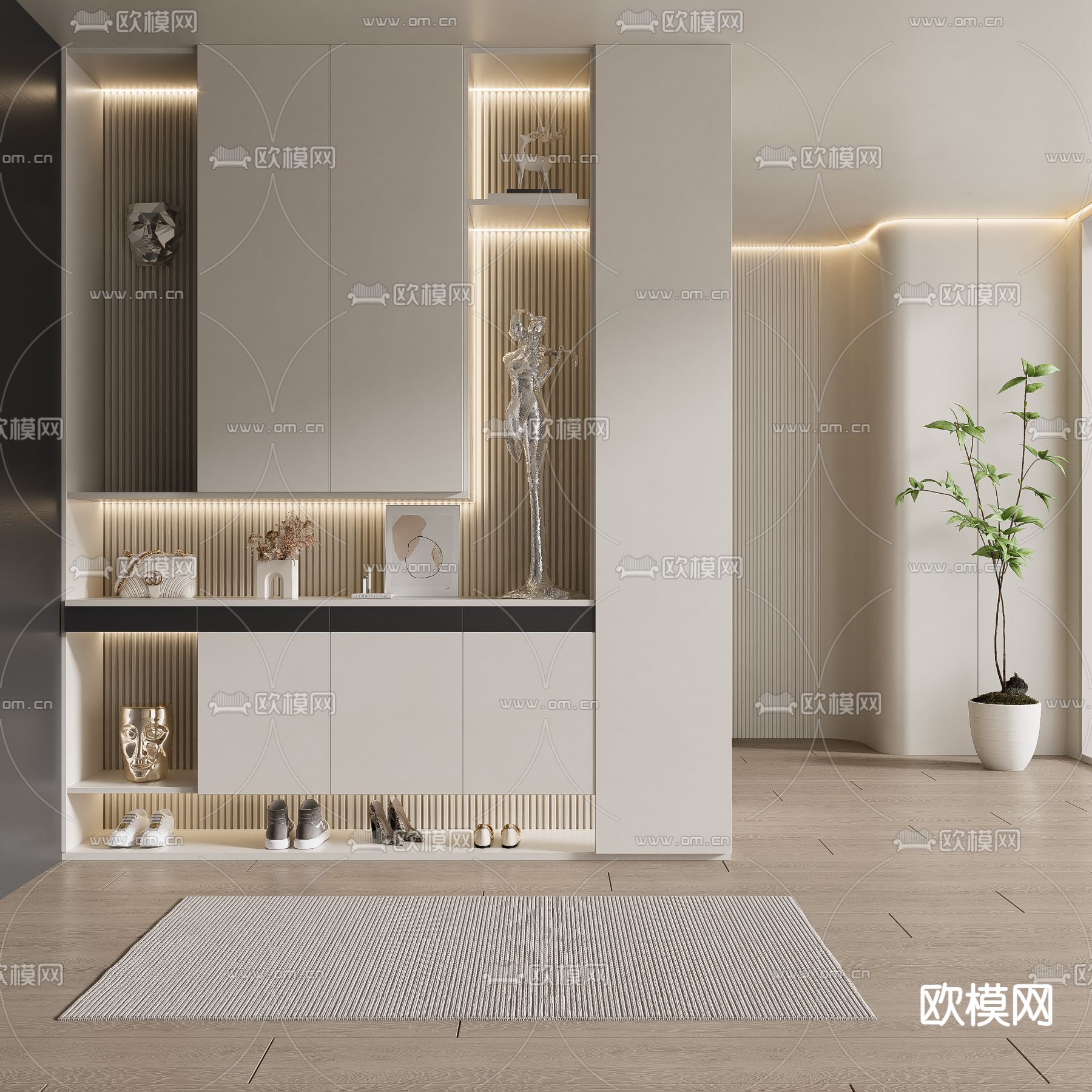 奶油风玄关鞋柜 隔断3d模型下载_ID13022882_3dmax免费模型-欧模网