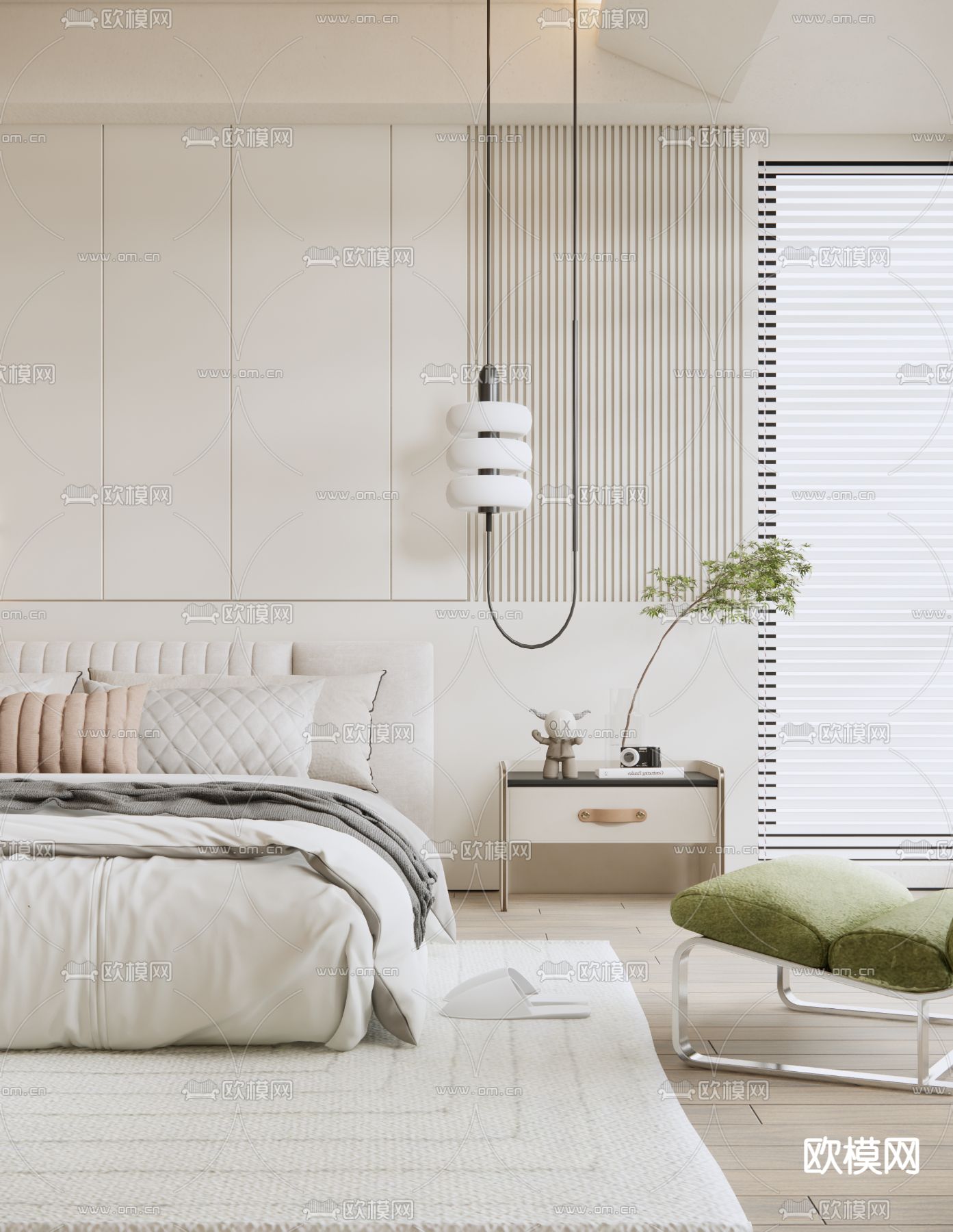 奶油风卧室su模型下载（渲染图4）