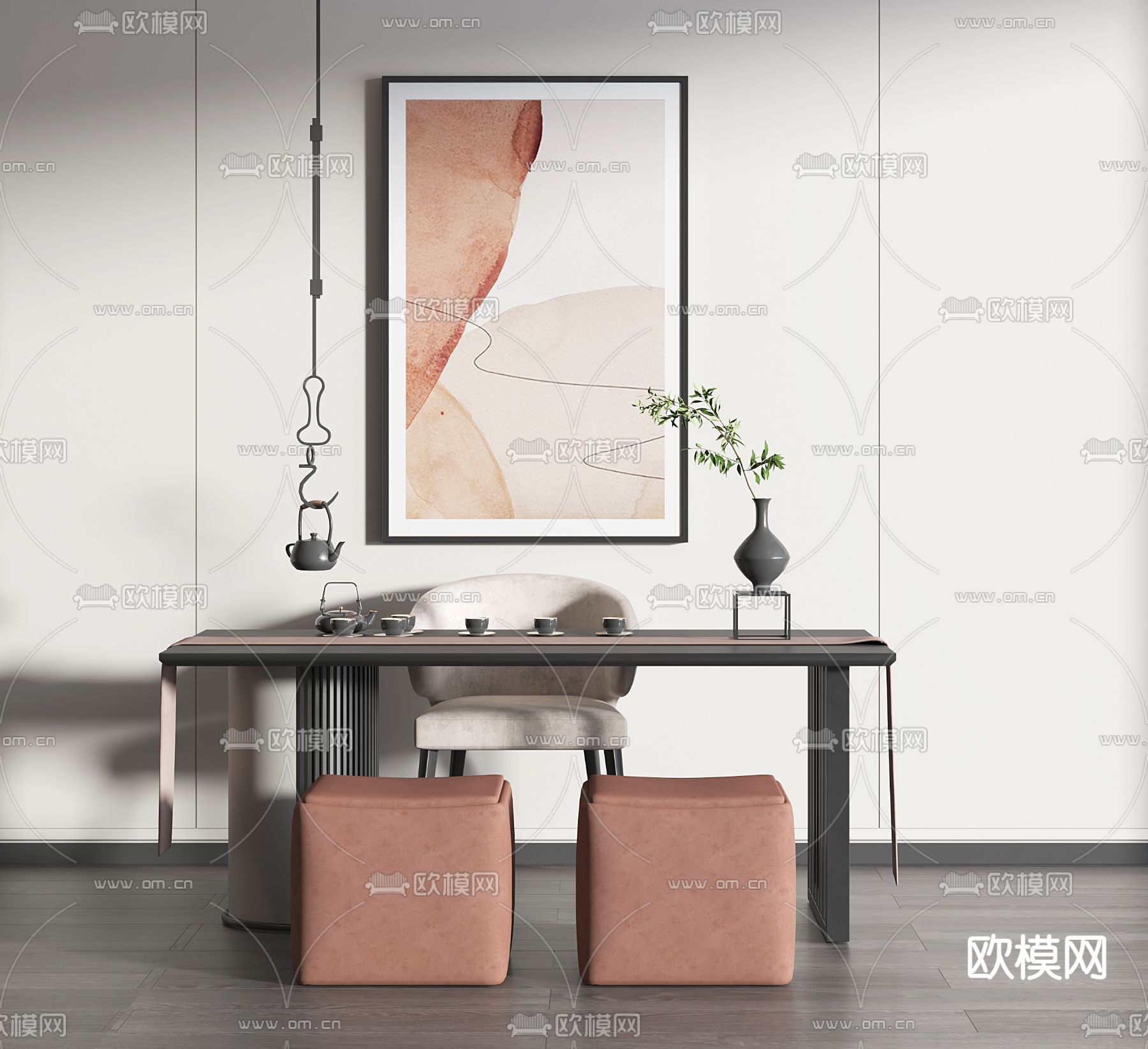 新中式茶桌椅su模型下载（渲染图1）