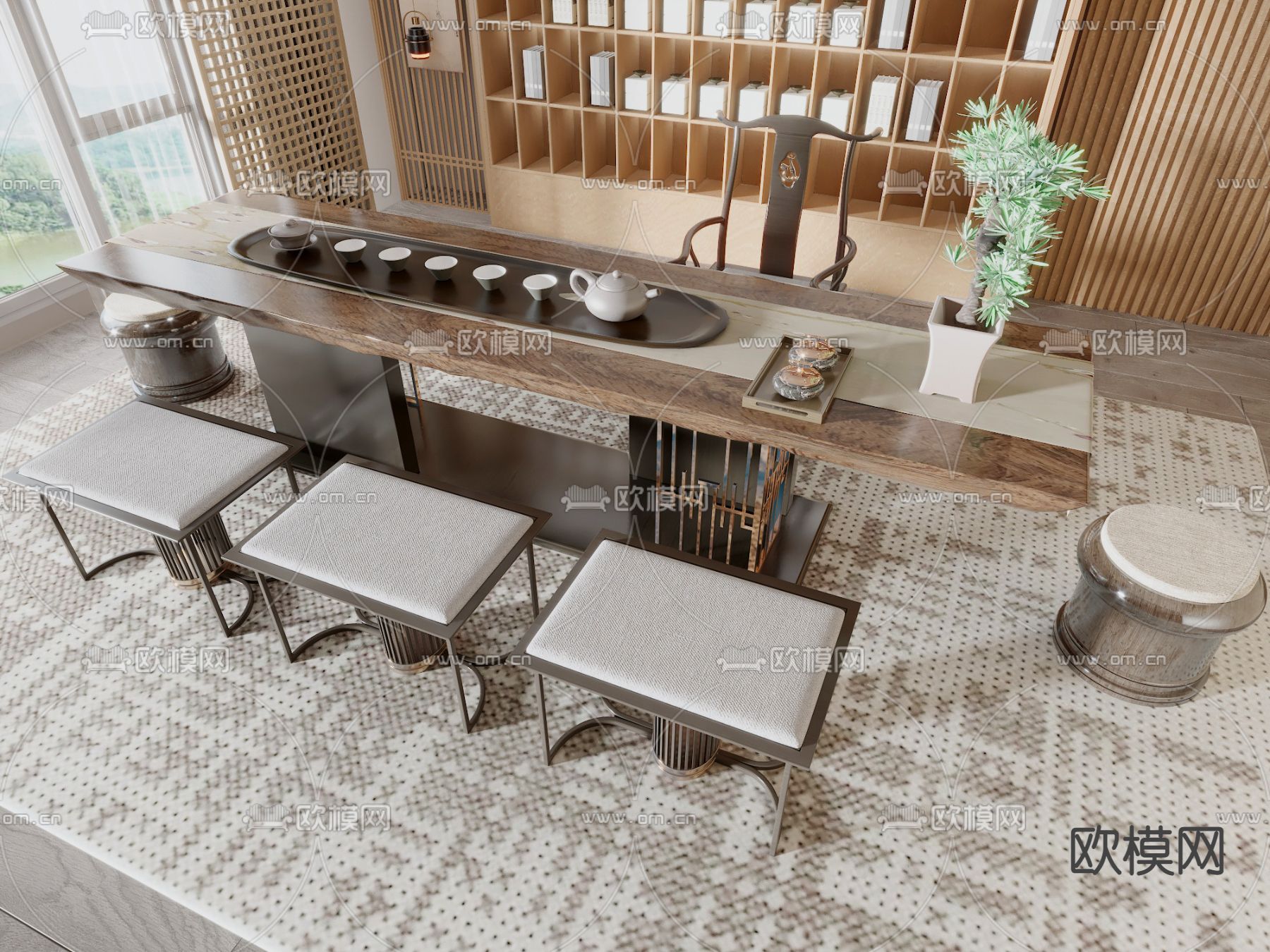 新中式茶桌椅3d模型下载