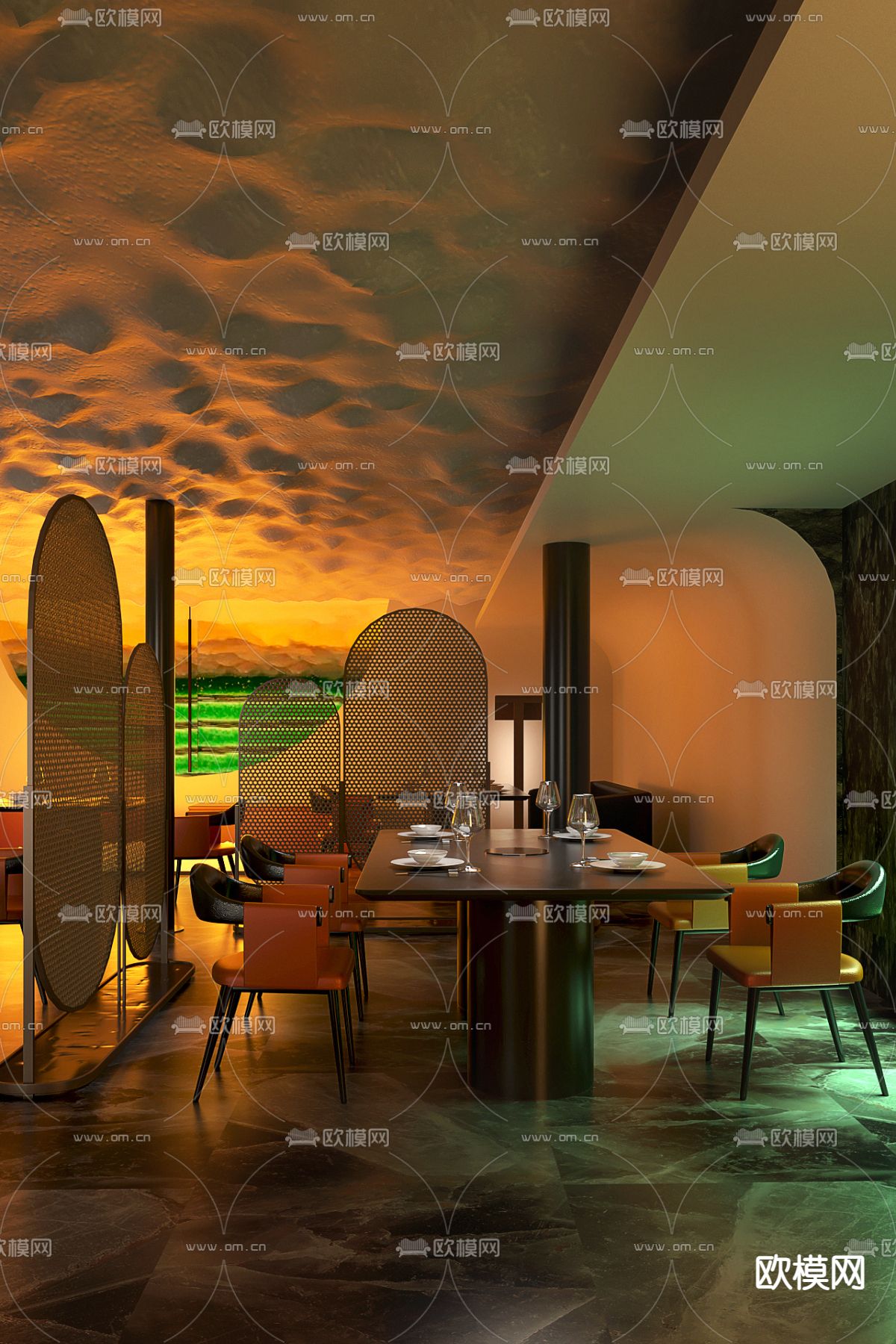 曾建龙设计 自然风岩洞火锅店3d模型下载（渲染图1）